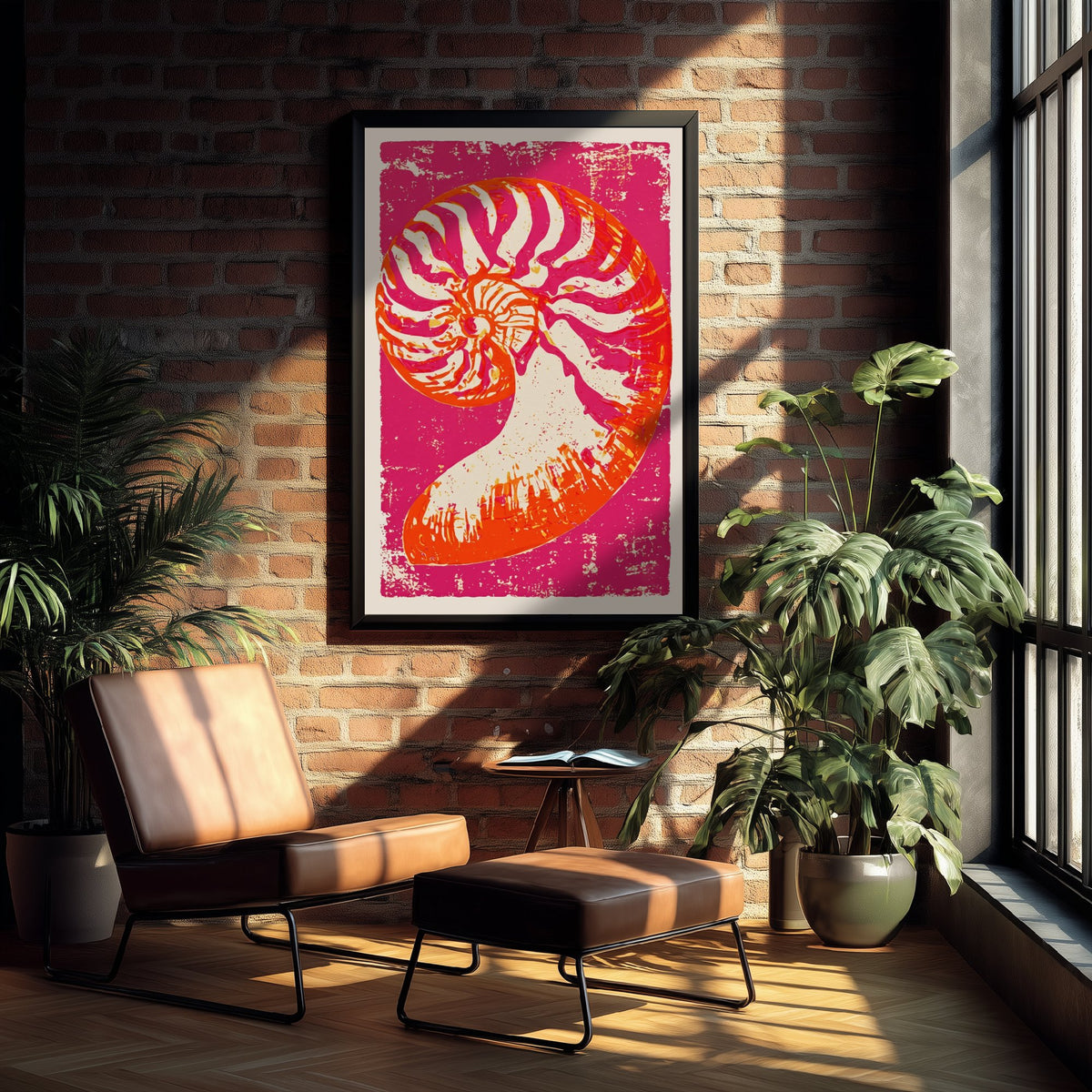 Nautilus Shell Linocut Art Print - Hot Pink Orange Seashell Illustration - Bold Coastal Poster V1 1/3