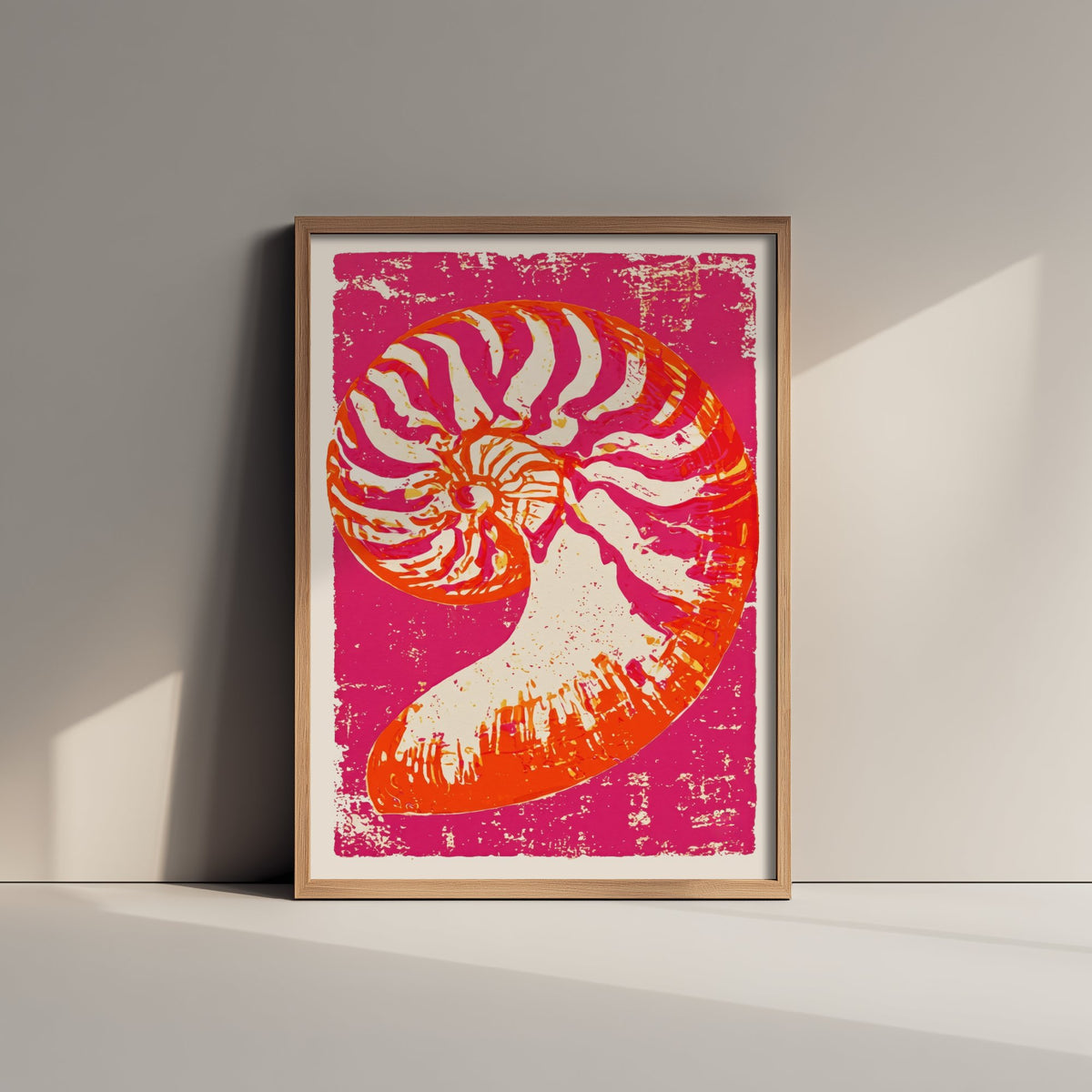 Nautilus Shell Linocut Art Print - Hot Pink Orange Seashell Illustration - Bold Coastal Poster V1 1/3