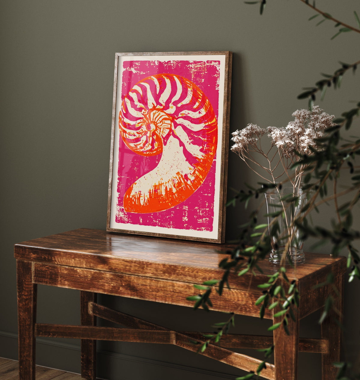 Nautilus Shell Linocut Art Print - Hot Pink Orange Seashell Illustration - Bold Coastal Poster V1 1/3