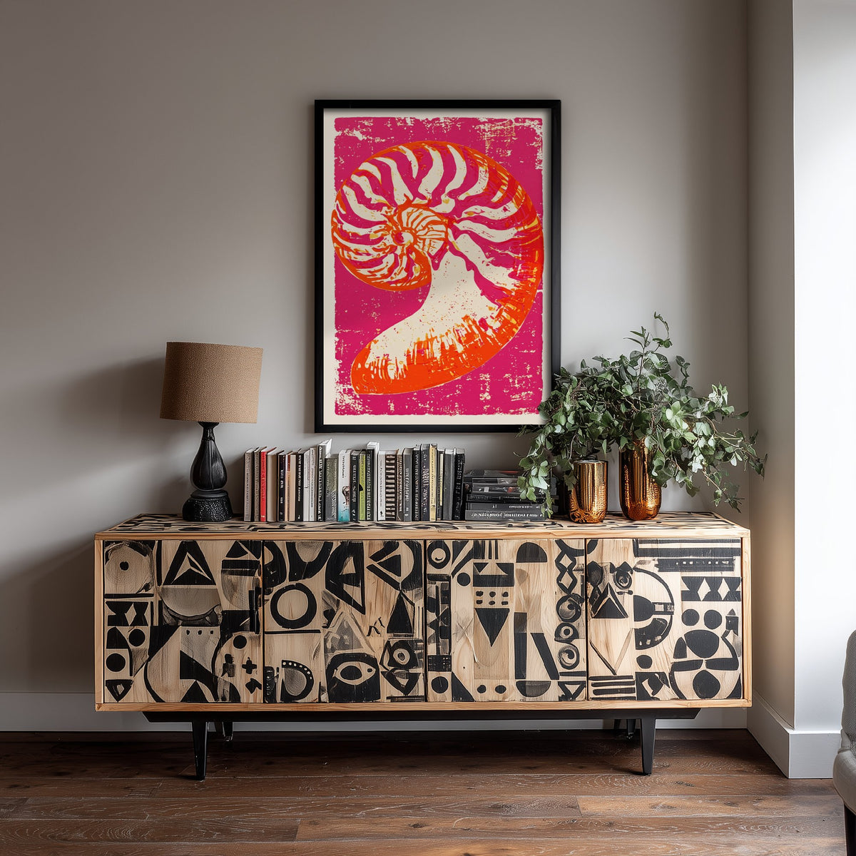 Nautilus Shell Linocut Art Print - Hot Pink Orange Seashell Illustration - Bold Coastal Poster V1 1/3