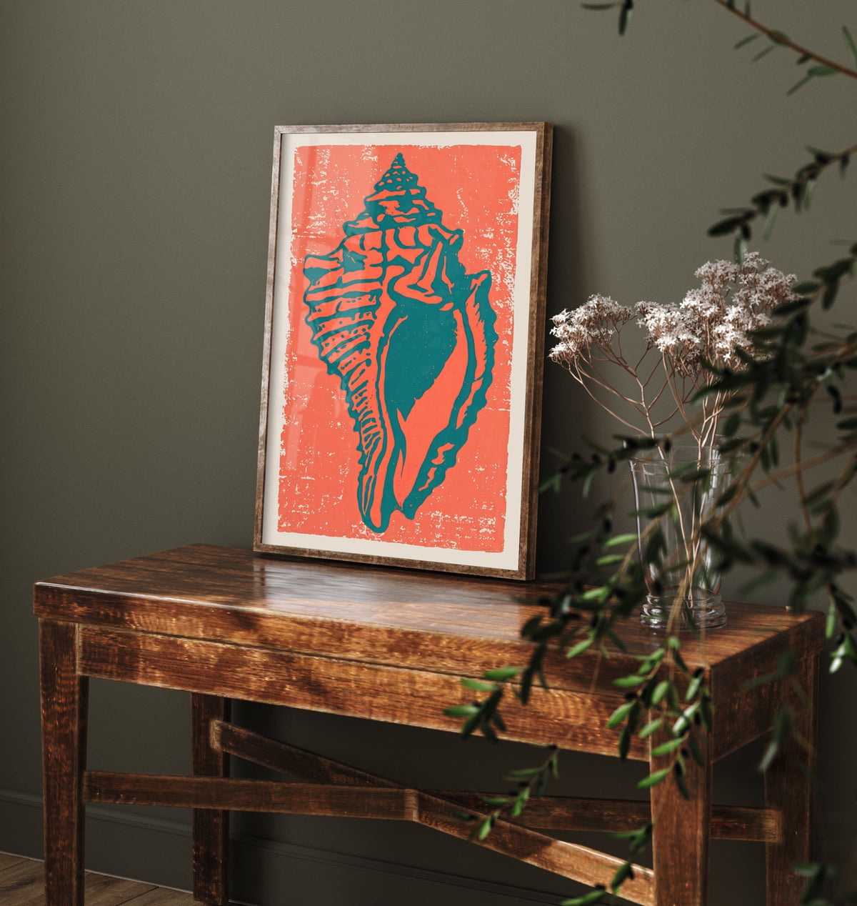 Conch Shell Linocut Art Print - Coral Teal Seashell Illustration - Bold Beach House Poster V1 2/3