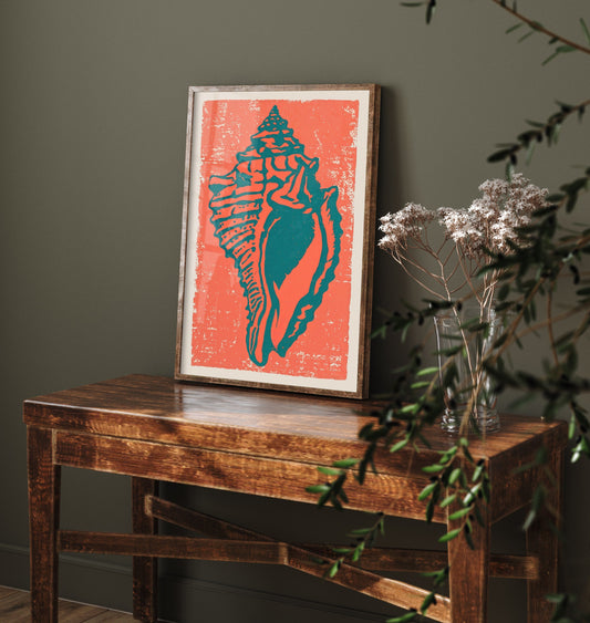 Conch Shell Linocut Art Print - Coral Teal Seashell Illustration - Bold Beach House Poster V1 2/3