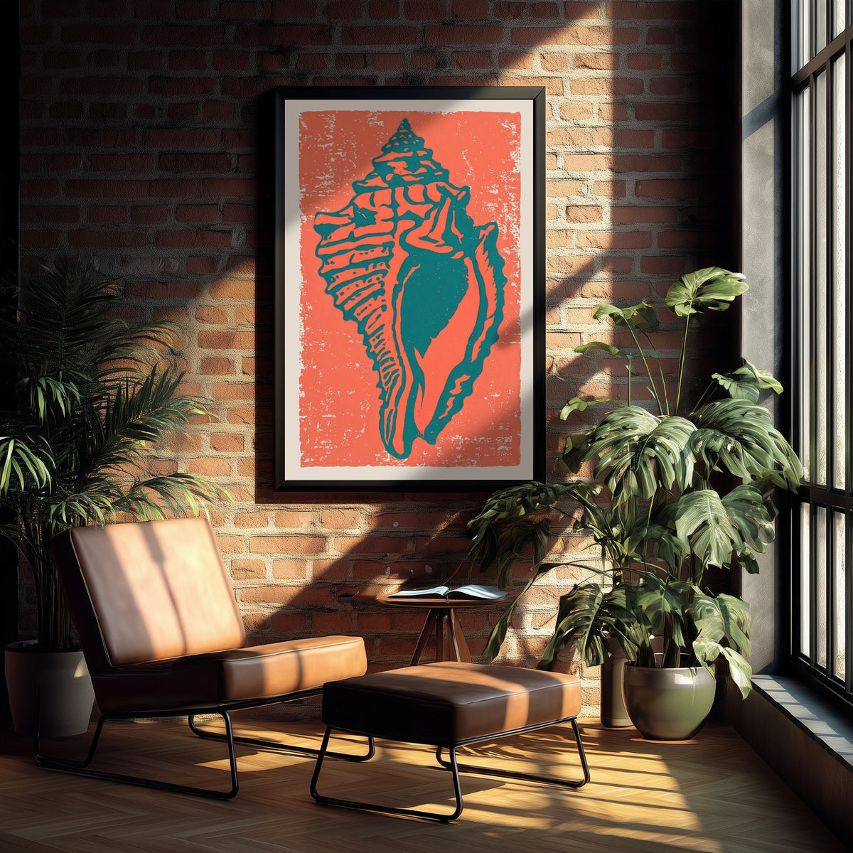 Conch Shell Linocut Art Print - Coral Teal Seashell Illustration - Bold Beach House Poster V1 2/3