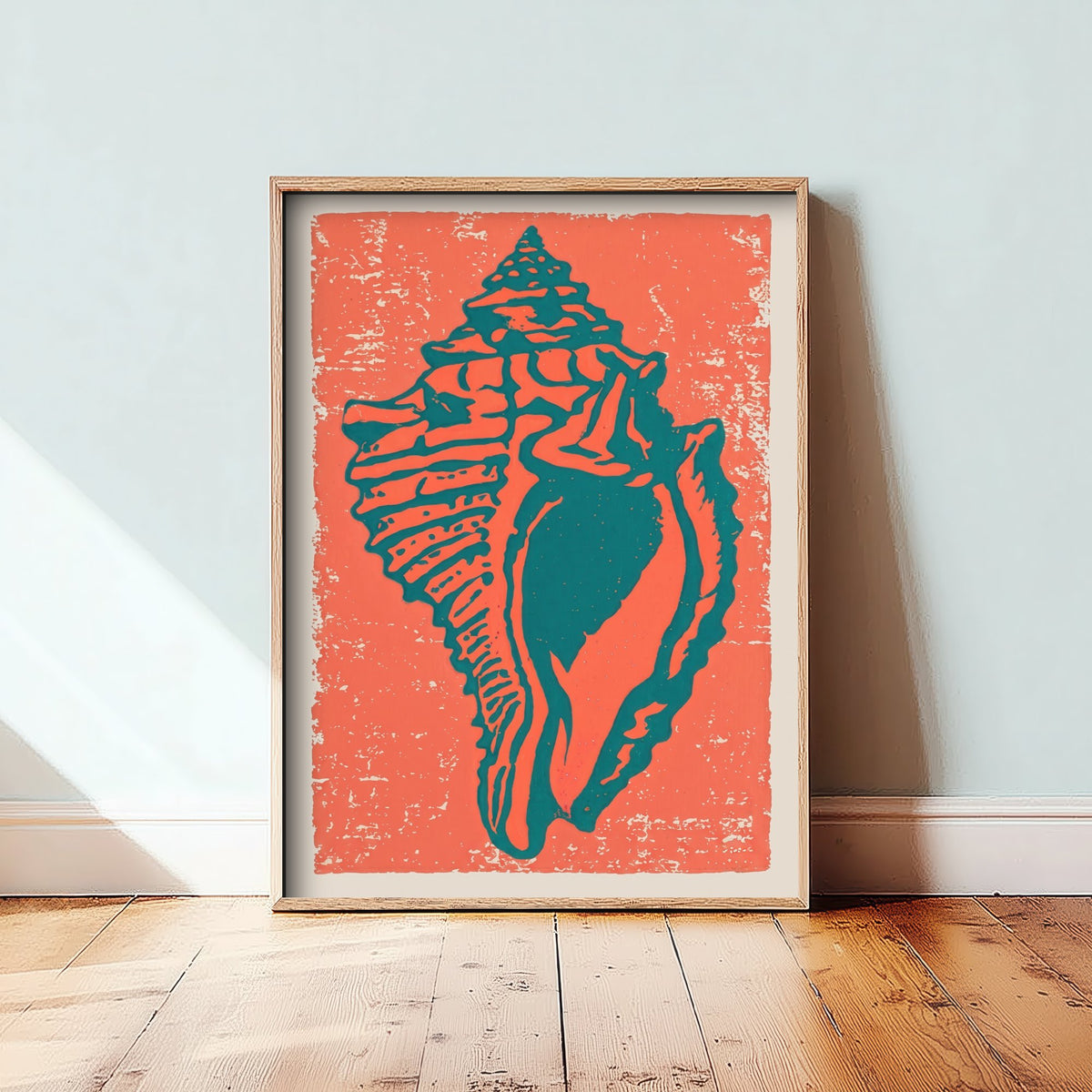 Conch Shell Linocut Art Print - Coral Teal Seashell Illustration - Bold Beach House Poster V1 2/3
