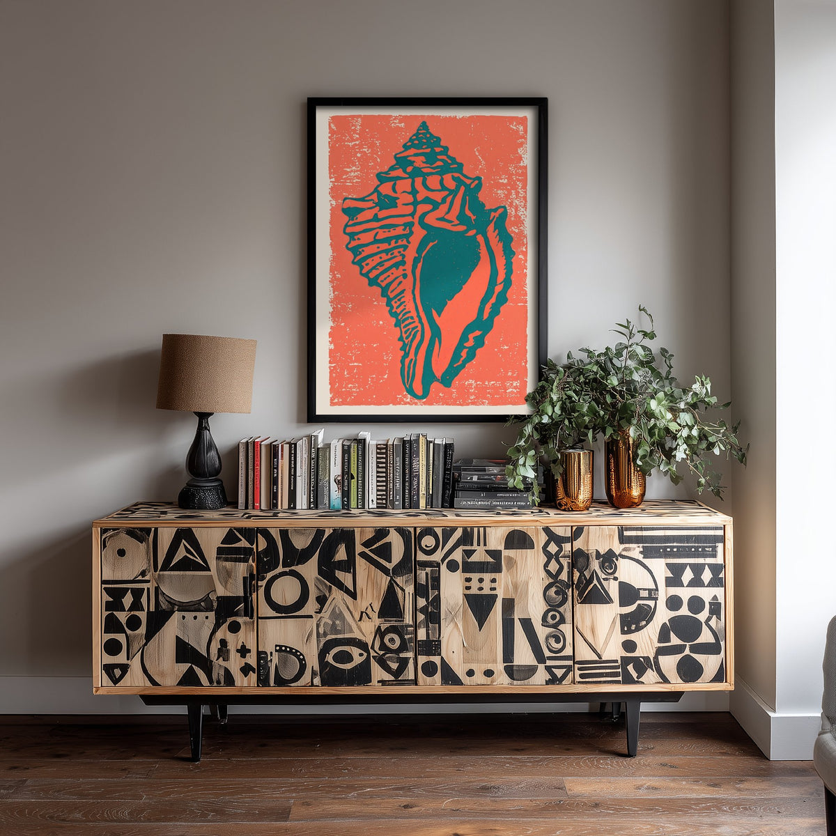 Conch Shell Linocut Art Print - Coral Teal Seashell Illustration - Bold Beach House Poster V1 2/3