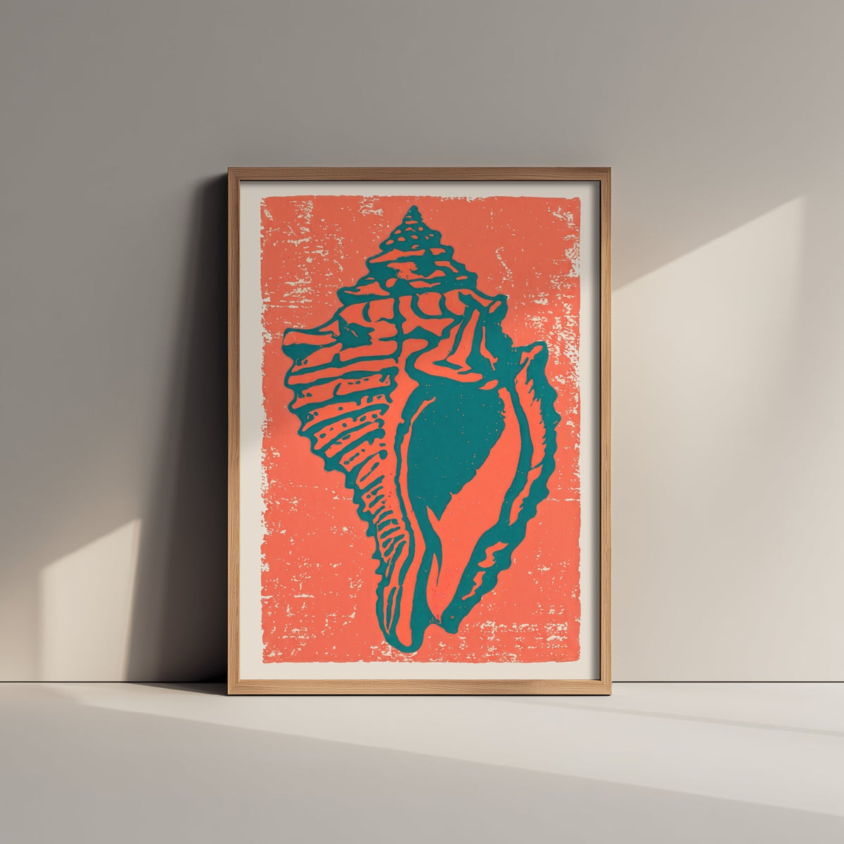 Conch Shell Linocut Art Print - Coral Teal Seashell Illustration - Bold Beach House Poster V1 2/3