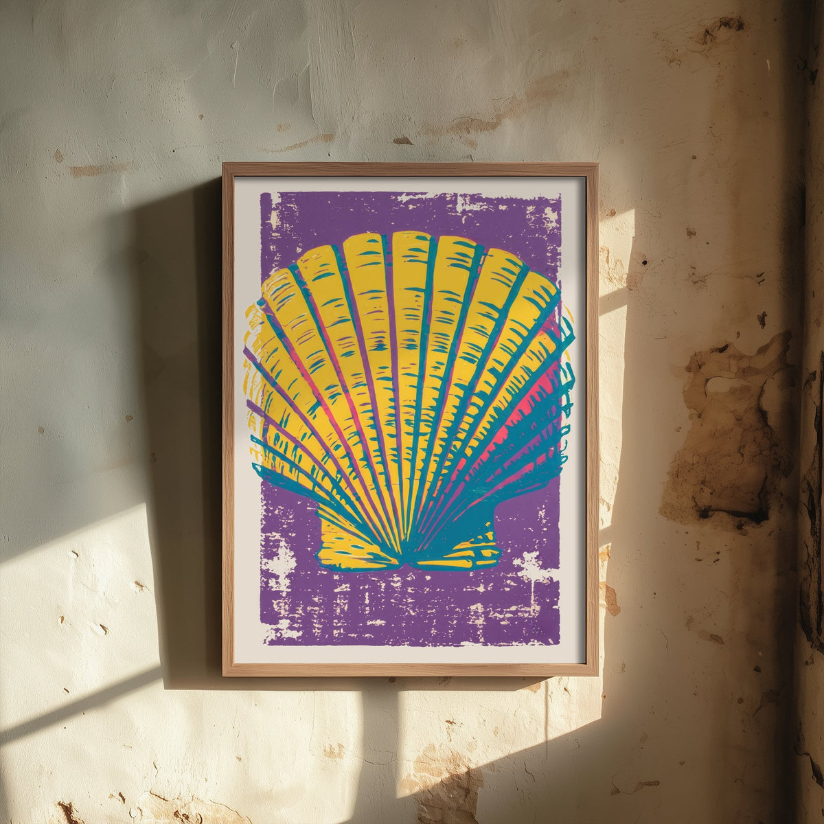 Scallop Shell Linocut Art Print - Yellow Purple Seashell Illustration - Bold Coastal Poster V1 3/3