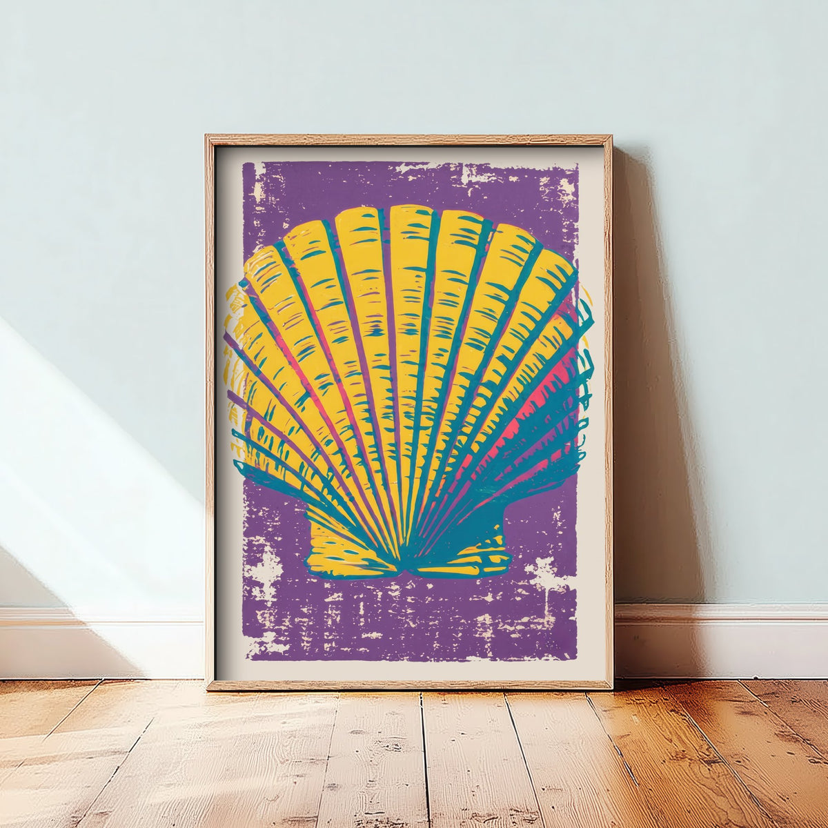 Scallop Shell Linocut Art Print - Yellow Purple Seashell Illustration - Bold Coastal Poster V1 3/3