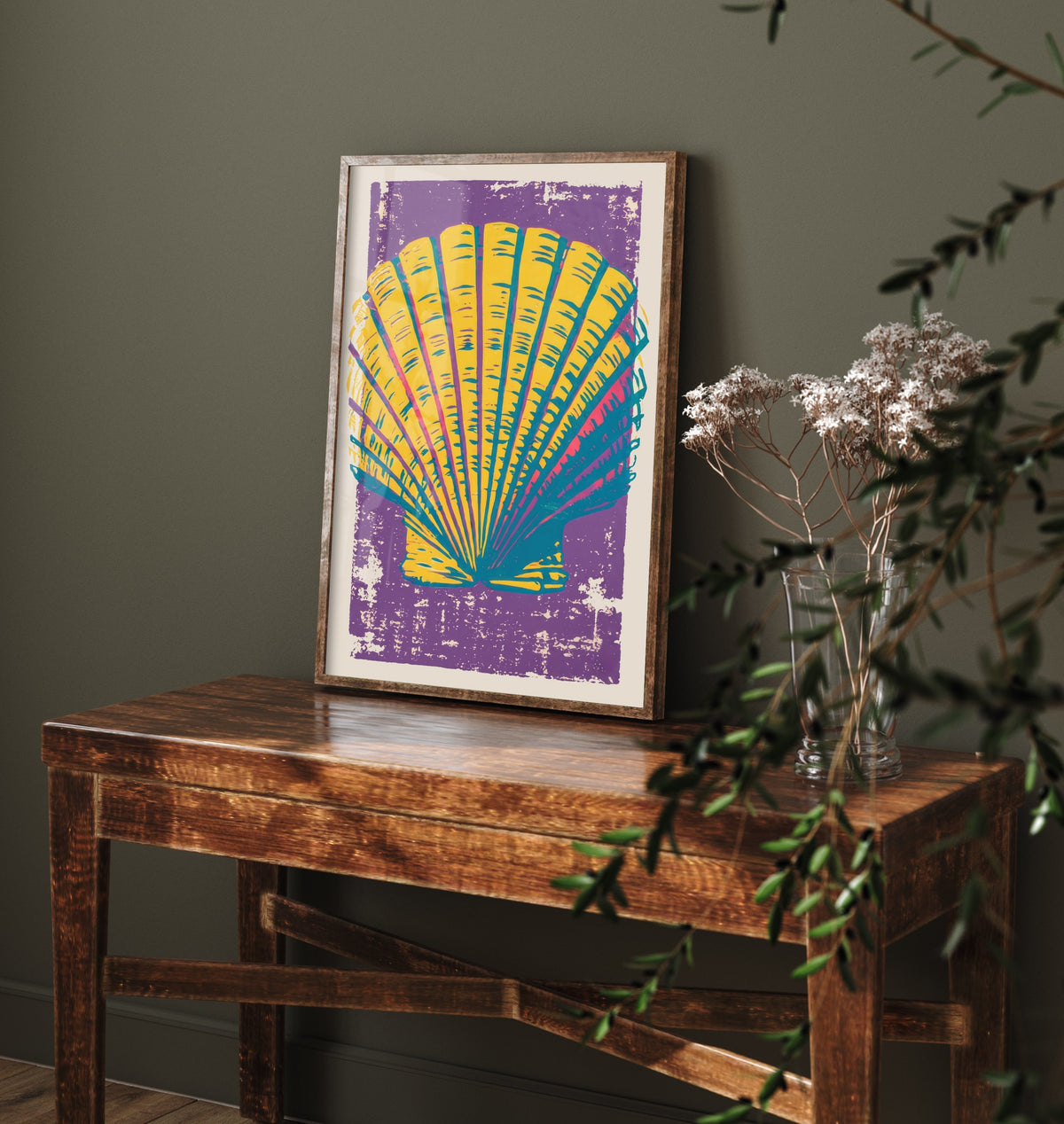 Scallop Shell Linocut Art Print - Yellow Purple Seashell Illustration - Bold Coastal Poster V1 3/3