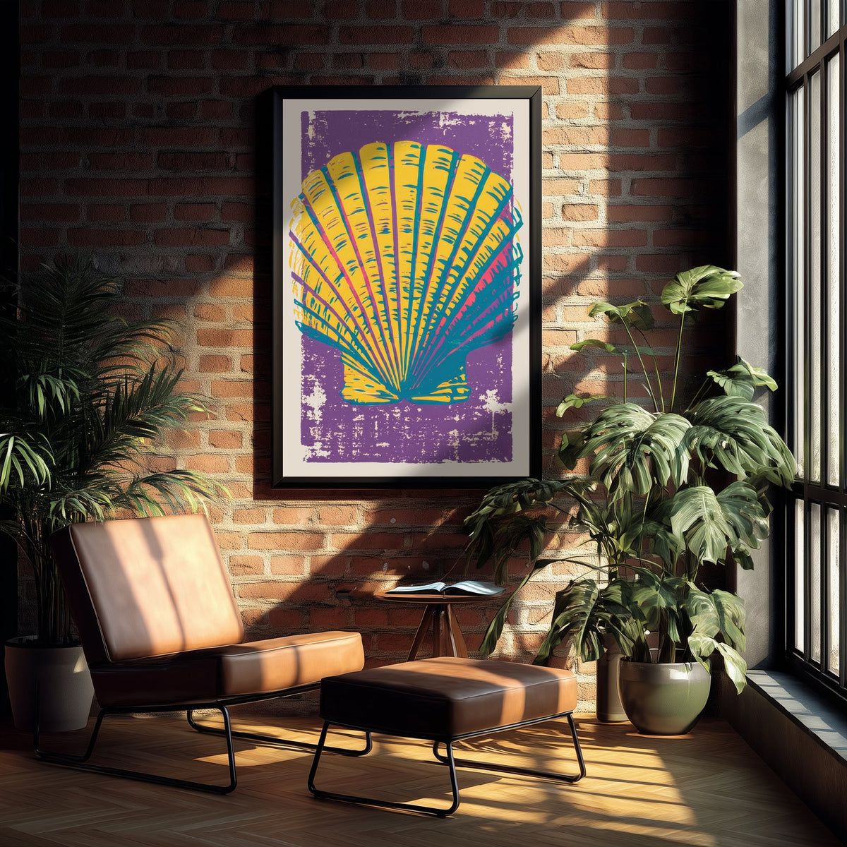 Scallop Shell Linocut Art Print - Yellow Purple Seashell Illustration - Bold Coastal Poster V1 3/3