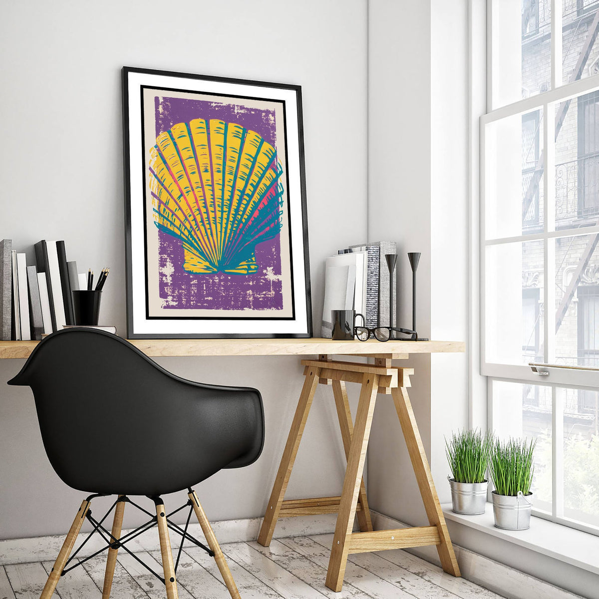Scallop Shell Linocut Art Print - Yellow Purple Seashell Illustration - Bold Coastal Poster V1 3/3
