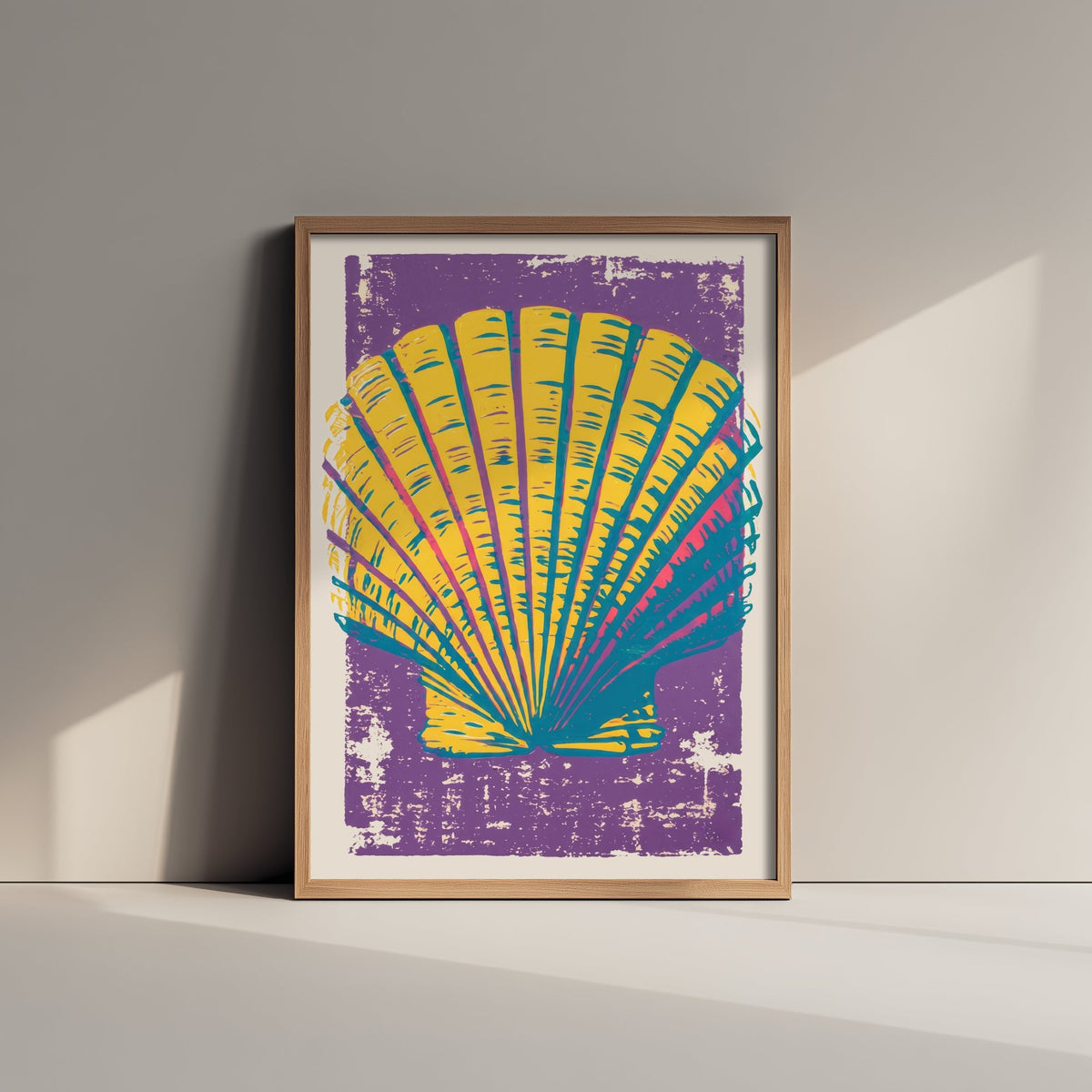 Scallop Shell Linocut Art Print - Yellow Purple Seashell Illustration - Bold Coastal Poster V1 3/3