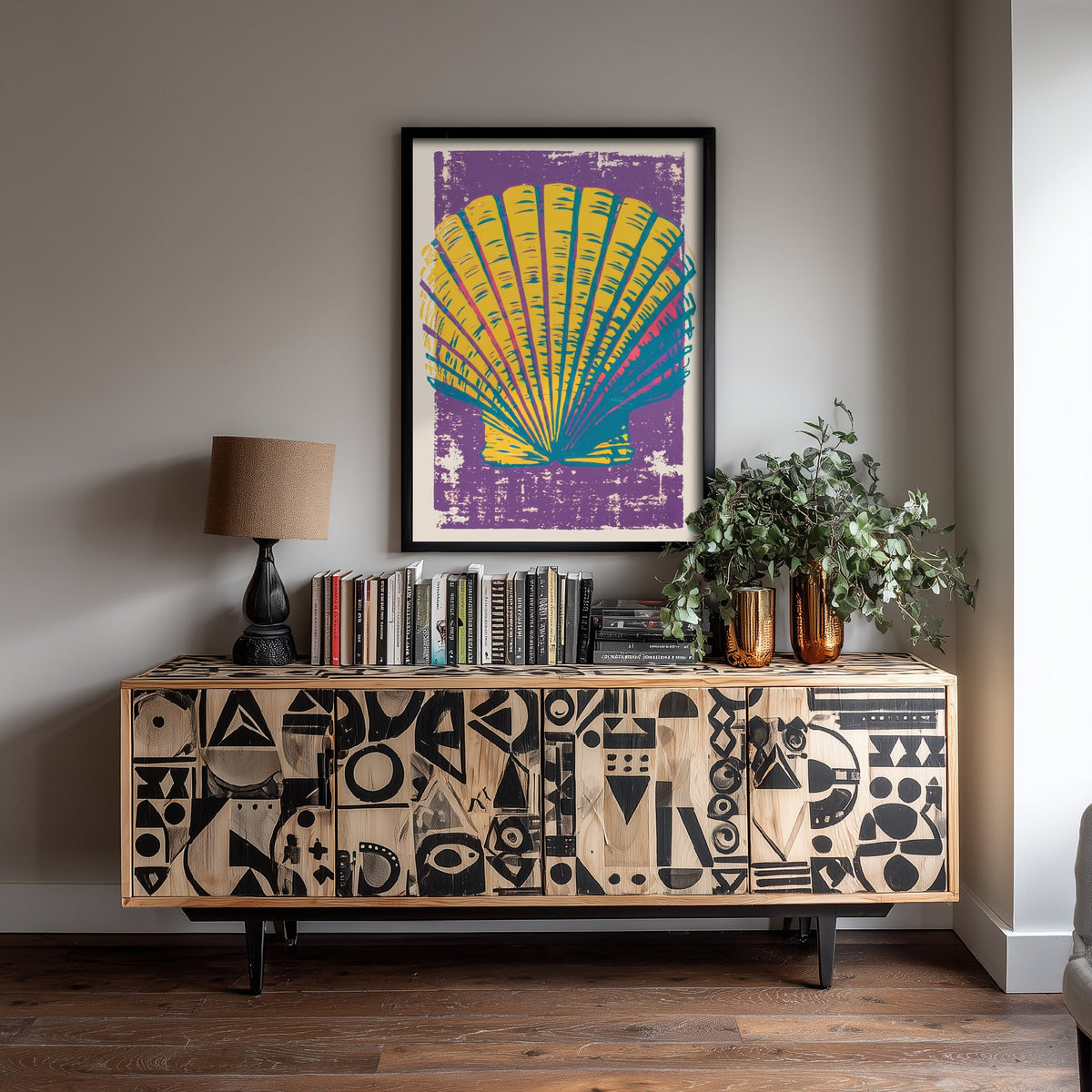 Scallop Shell Linocut Art Print - Yellow Purple Seashell Illustration - Bold Coastal Poster V1 3/3