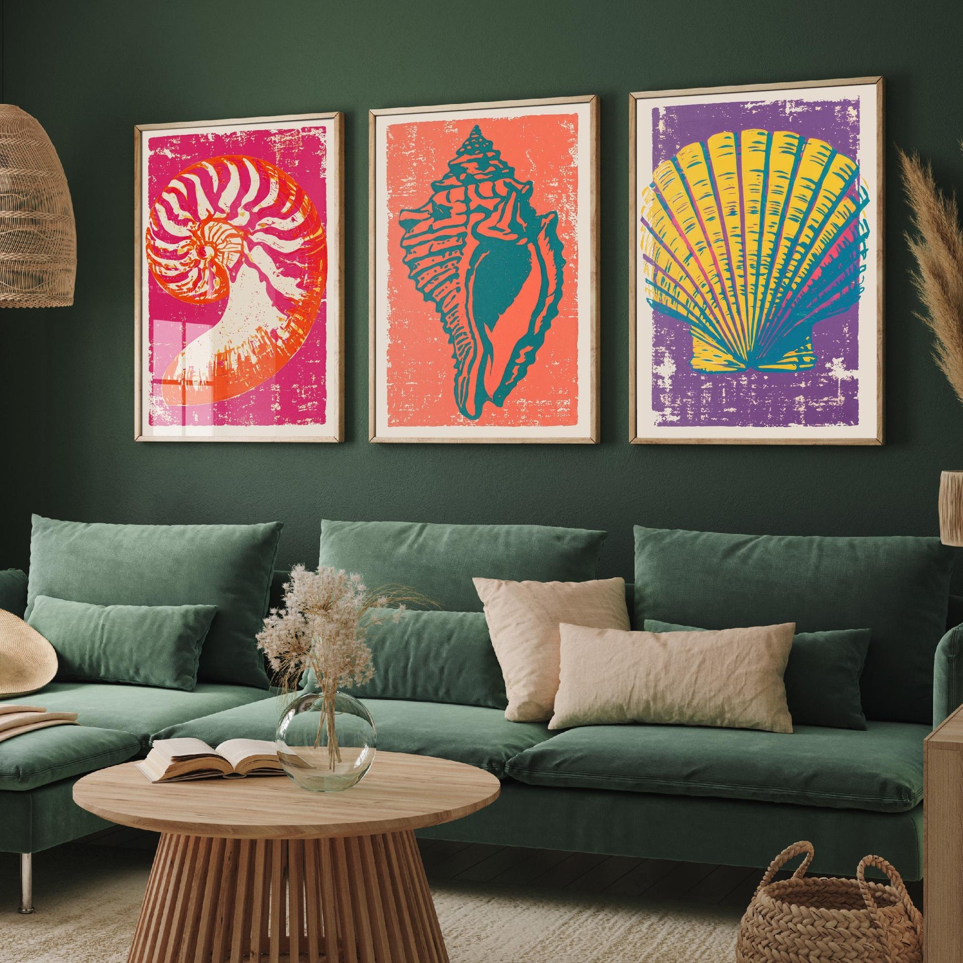 Seashell Linocut Set of Three Art Prints - Nautilus, Conch, Scallop - Bright Pink Orange Purple Coastal Posters - Illustration V1