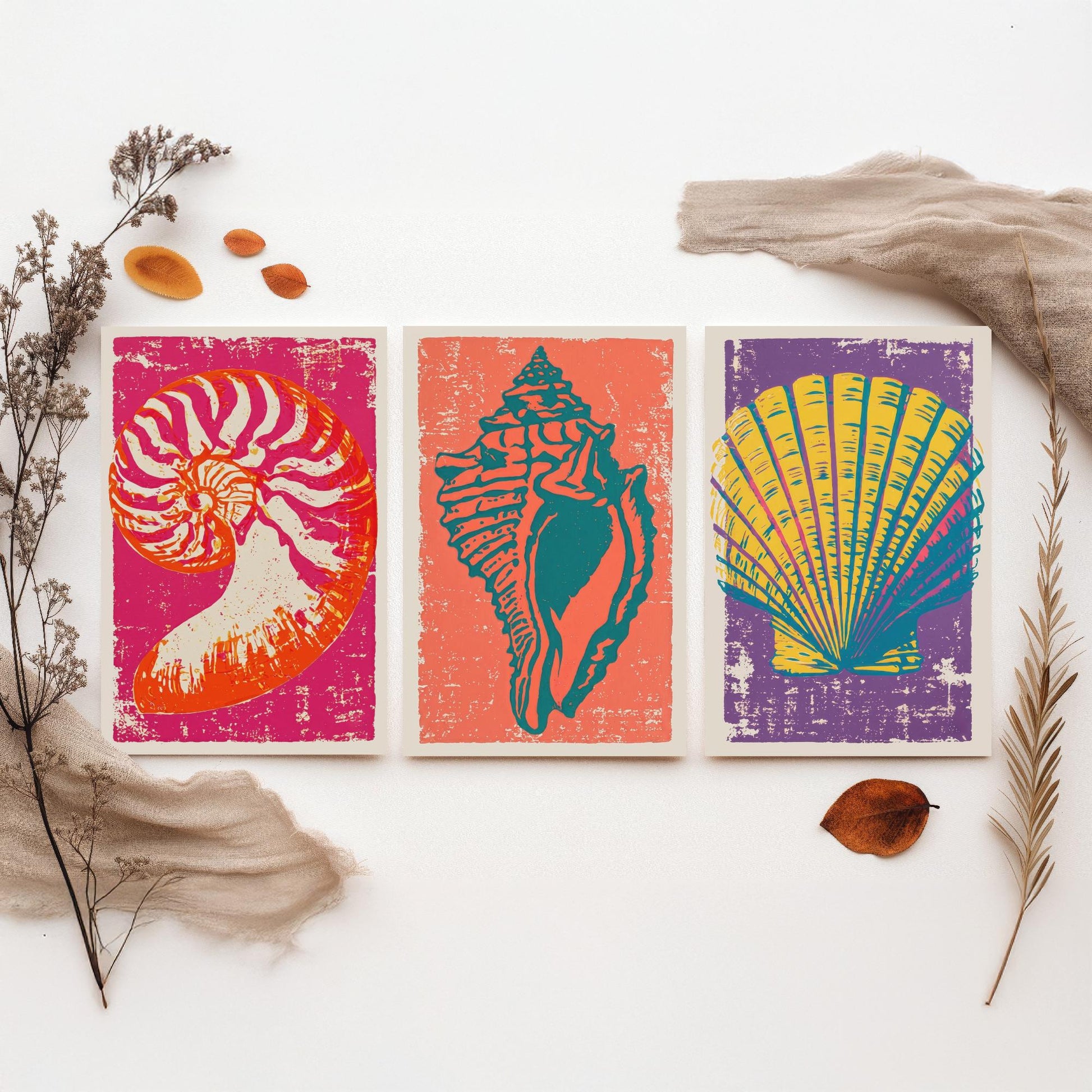 Seashell Linocut Set of Three Art Prints - Nautilus, Conch, Scallop - Bright Pink Orange Purple Coastal Posters - Illustration V1