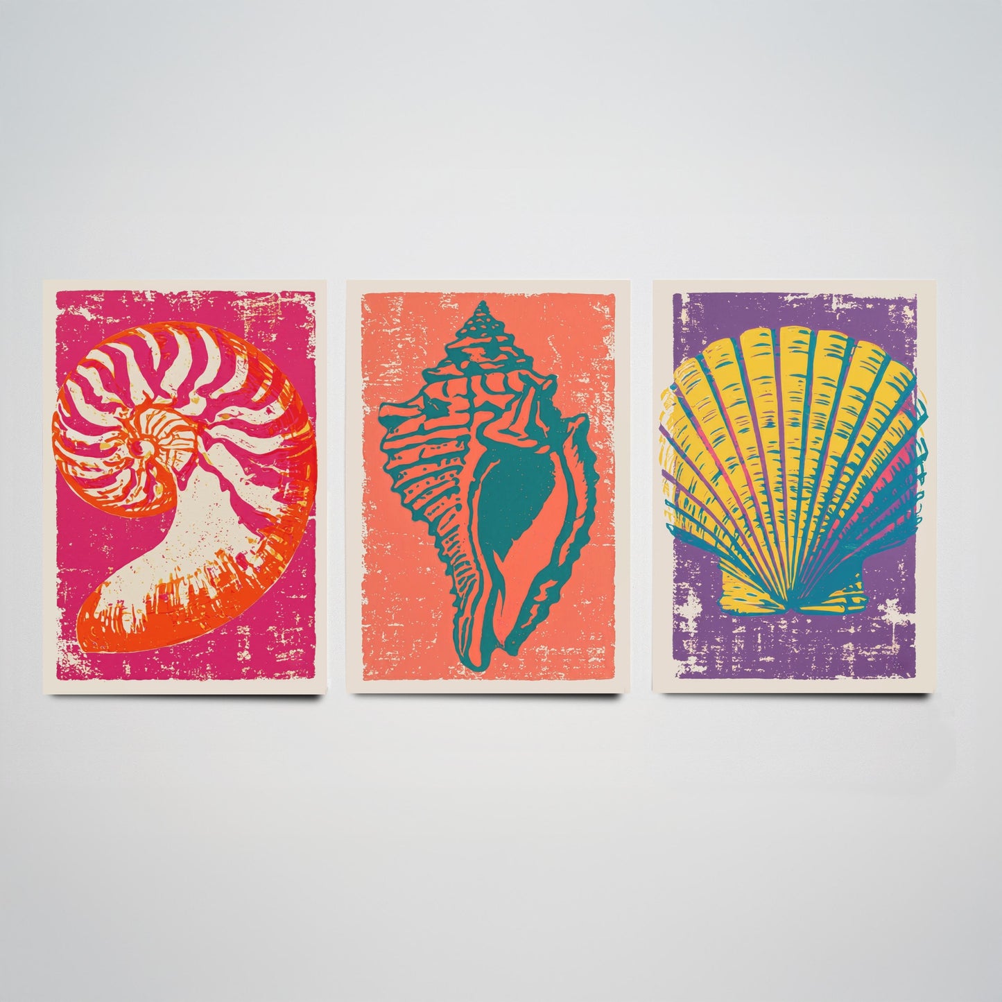 Seashell Linocut Set of Three Art Prints - Nautilus, Conch, Scallop - Bright Pink Orange Purple Coastal Posters - Illustration V1