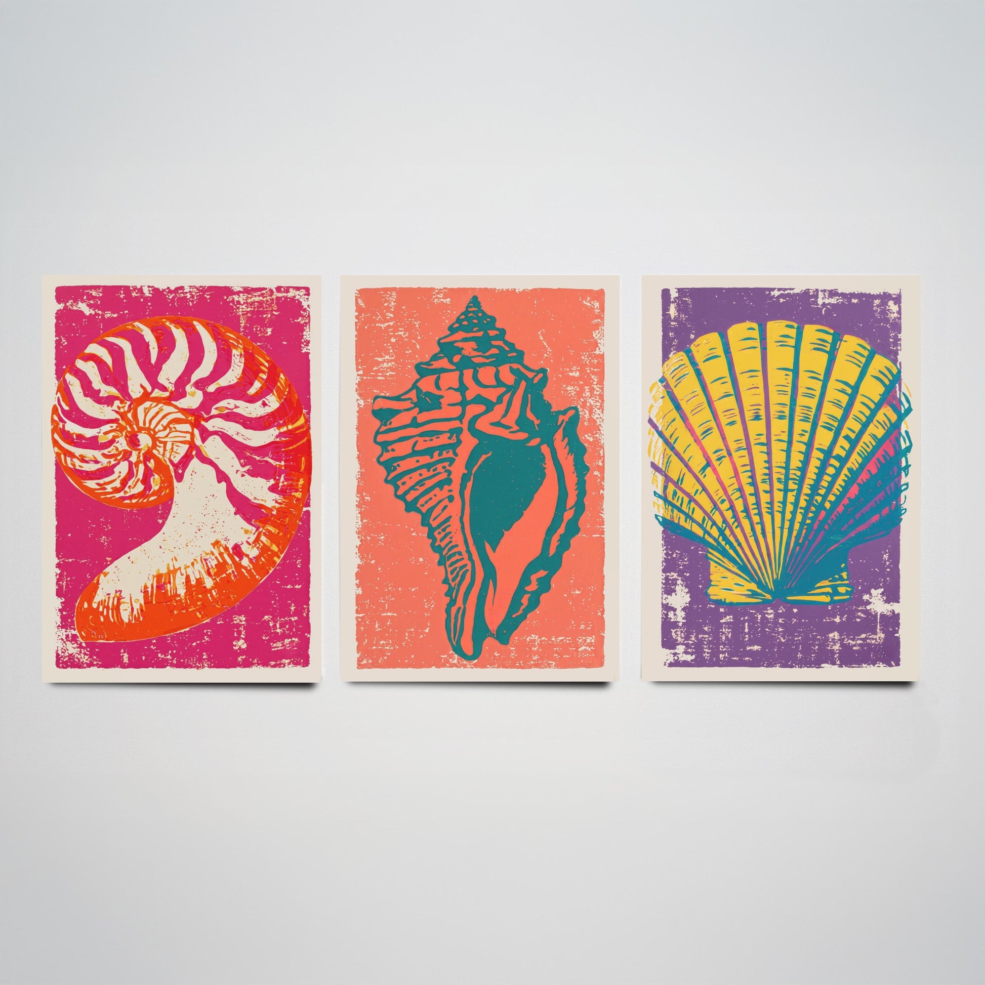 Seashell Linocut Set of Three Art Prints - Nautilus, Conch, Scallop - Bright Pink Orange Purple Coastal Posters - Illustration V1