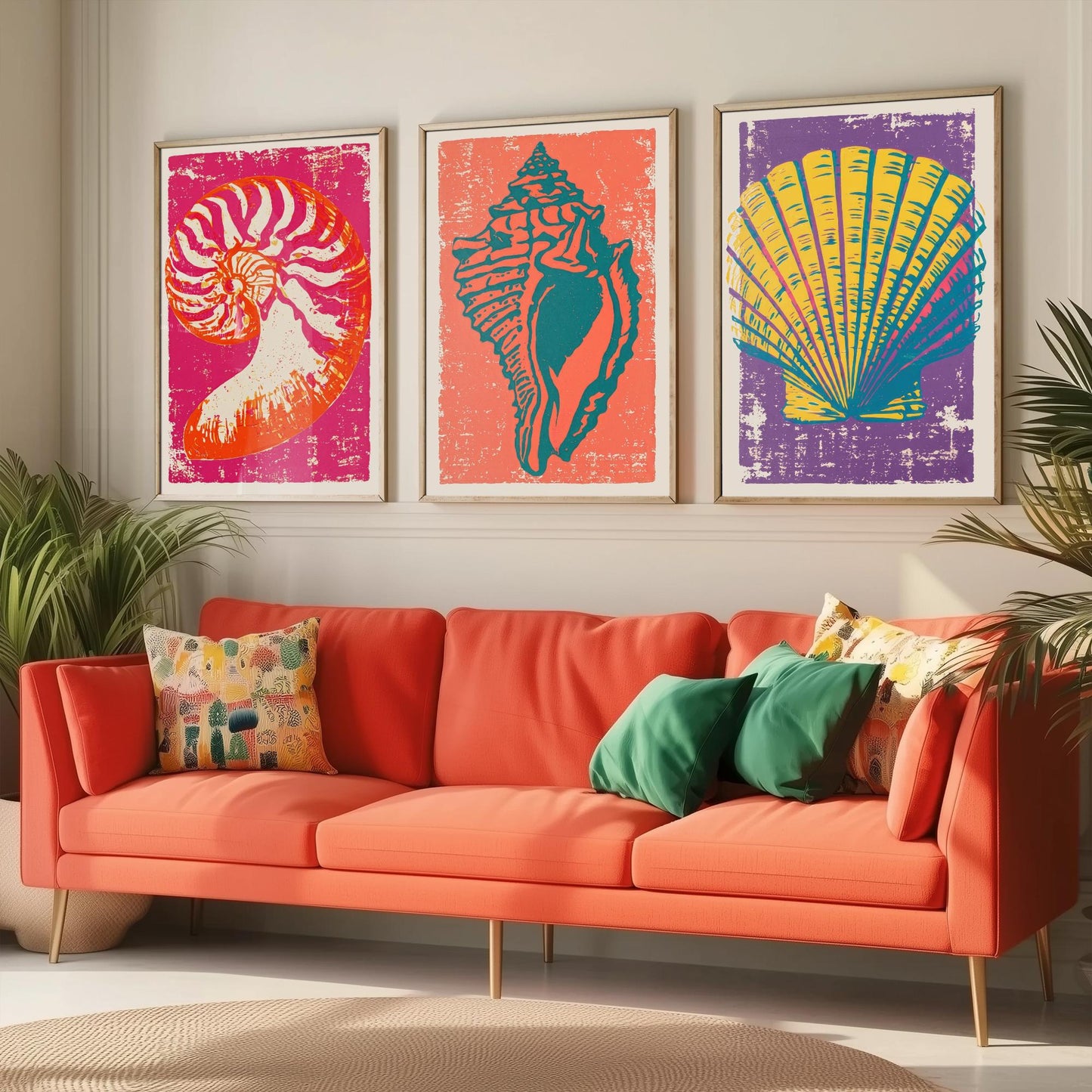 Seashell Linocut Set of Three Art Prints - Nautilus, Conch, Scallop - Bright Pink Orange Purple Coastal Posters - Illustration V1