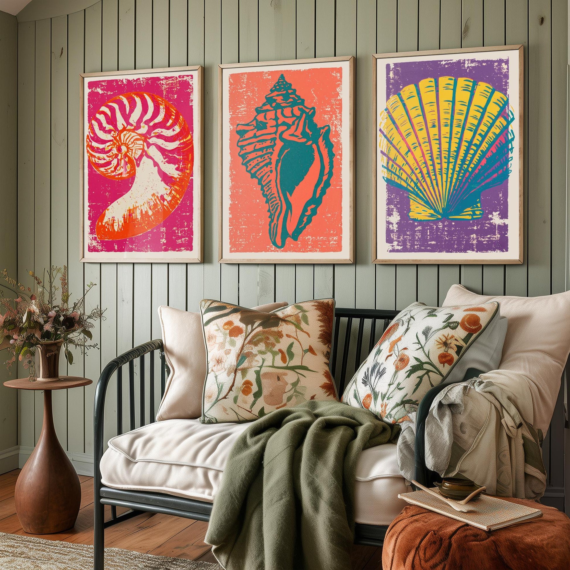 Seashell Linocut Set of Three Art Prints - Nautilus, Conch, Scallop - Bright Pink Orange Purple Coastal Posters - Illustration V1