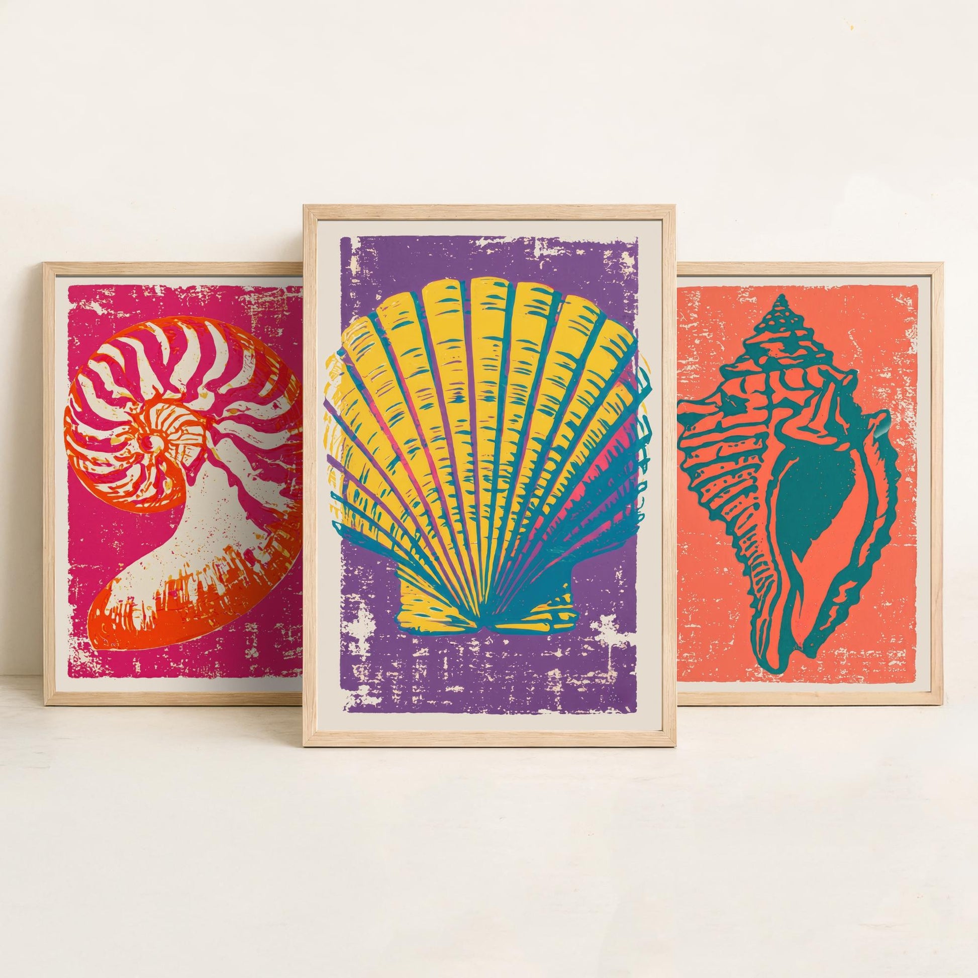 Seashell Linocut Set of Three Art Prints - Nautilus, Conch, Scallop - Bright Pink Orange Purple Coastal Posters - Illustration V1