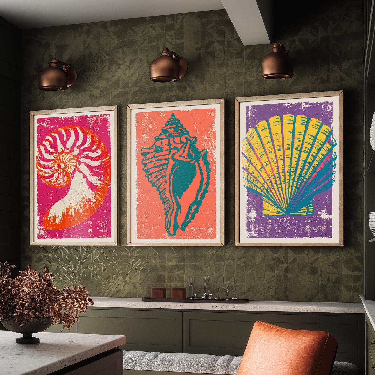 Seashell Linocut Set of Three Art Prints - Nautilus, Conch, Scallop - Bright Pink Orange Purple Coastal Posters - Illustration V1