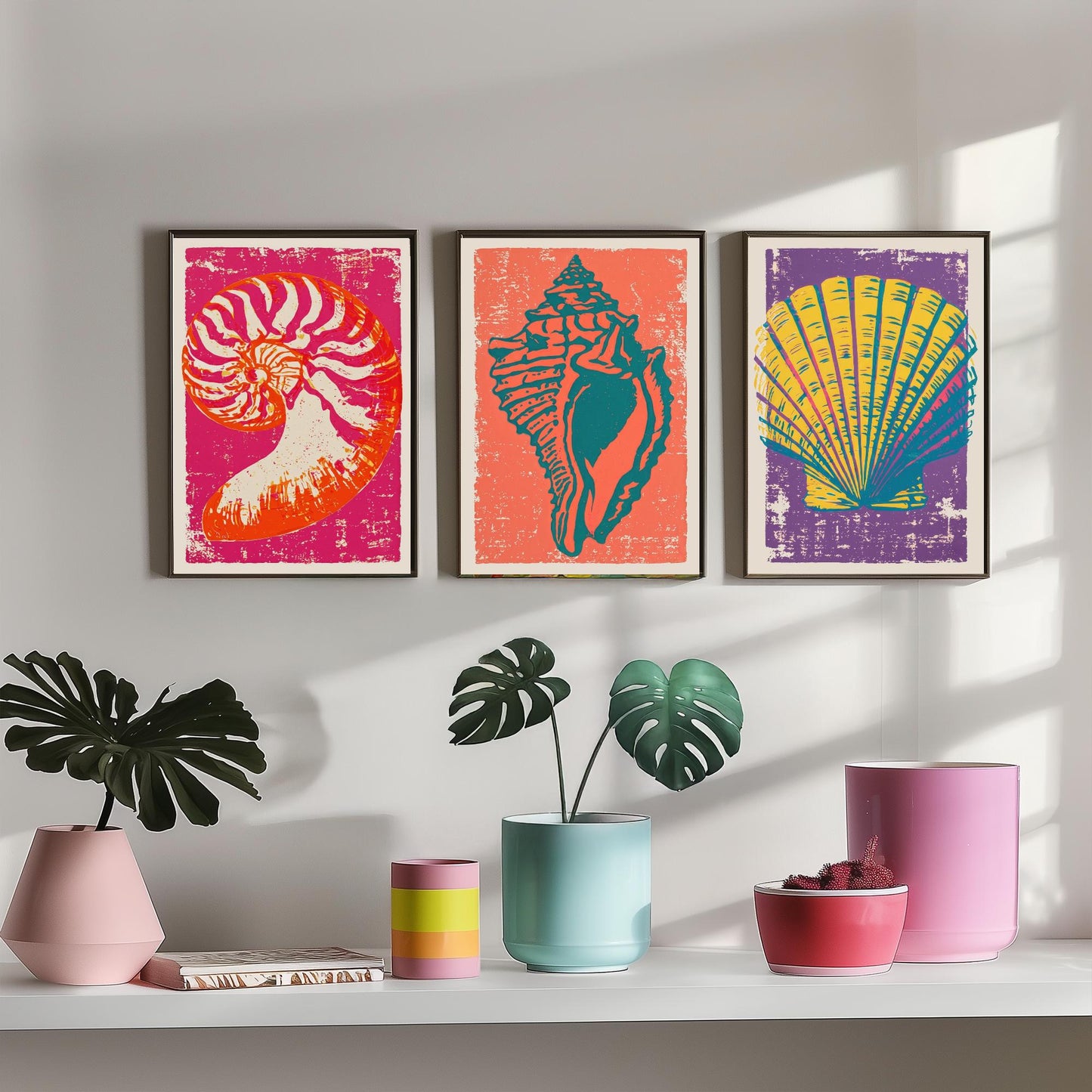 Seashell Linocut Set of Three Art Prints - Nautilus, Conch, Scallop - Bright Pink Orange Purple Coastal Posters - Illustration V1