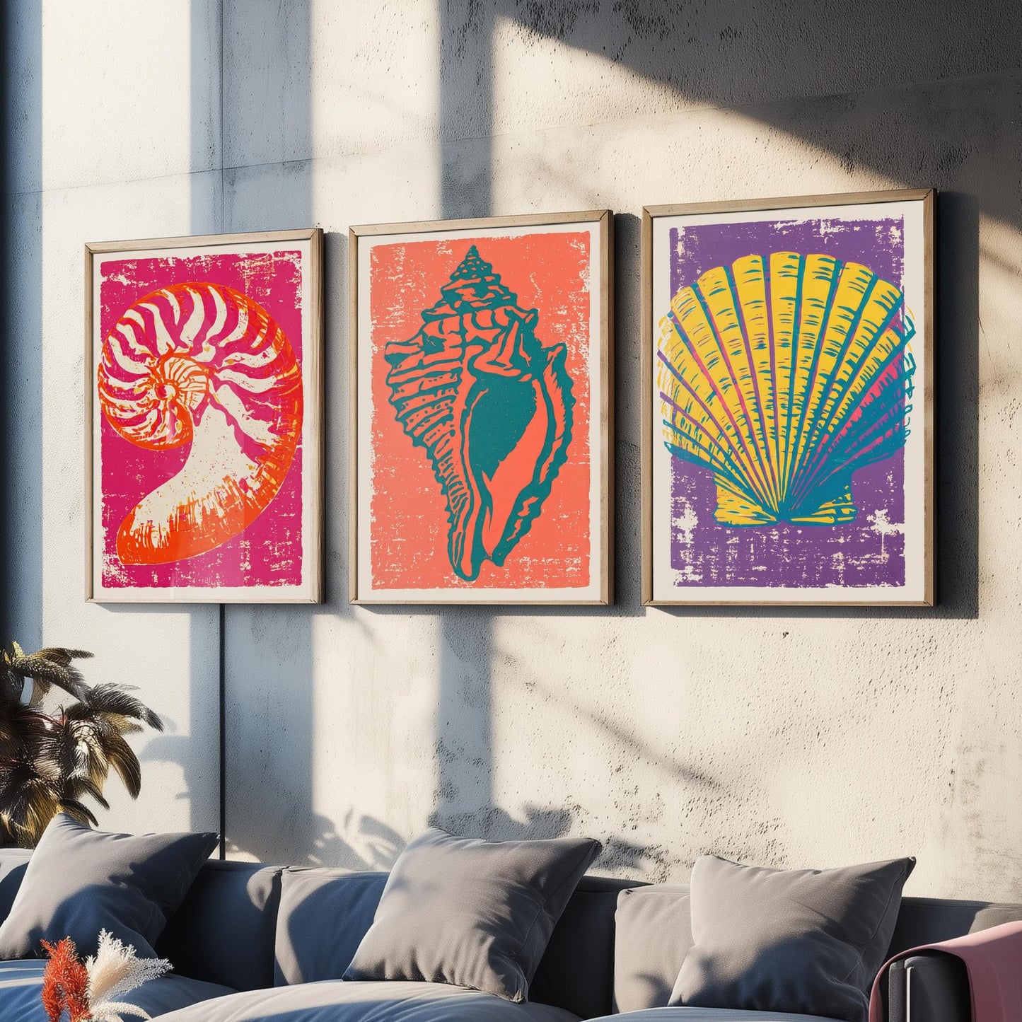 Seashell Linocut Set of Three Art Prints - Nautilus, Conch, Scallop - Bright Pink Orange Purple Coastal Posters - Illustration V1