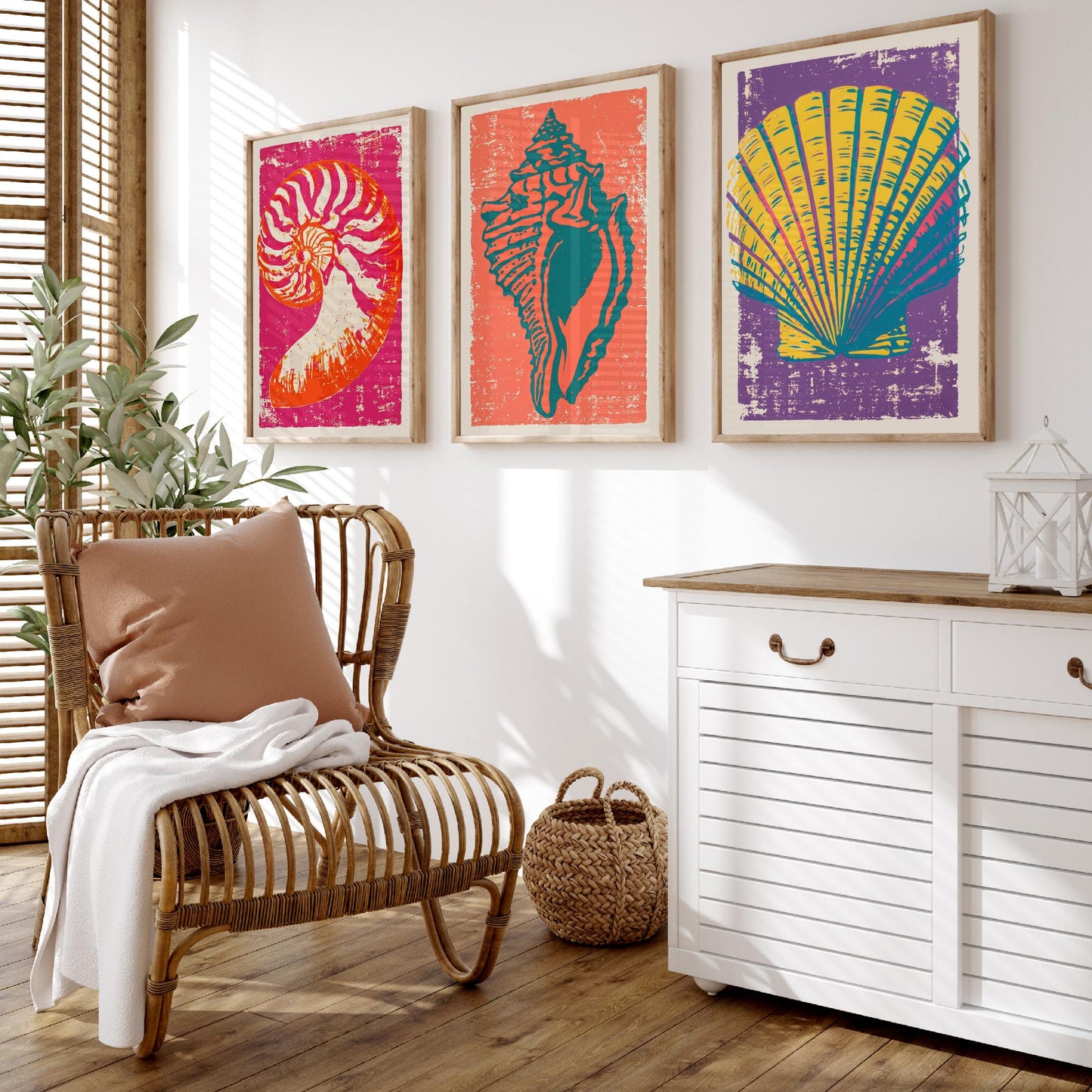 Seashell Linocut Set of Three Art Prints - Nautilus, Conch, Scallop - Bright Pink Orange Purple Coastal Posters - Illustration V1