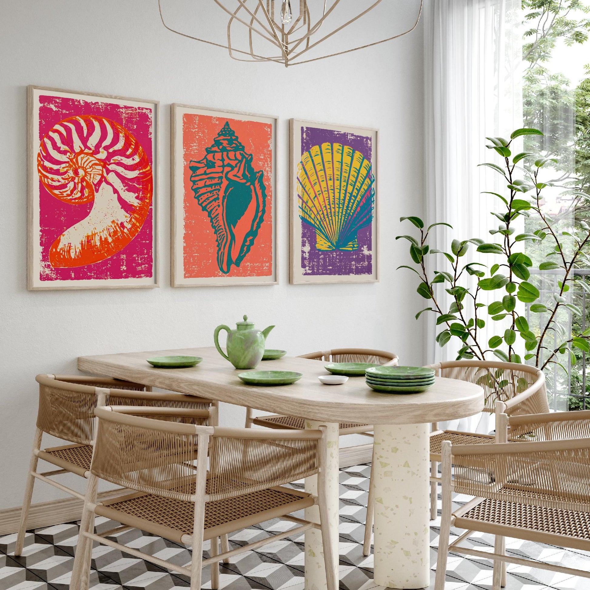 Seashell Linocut Set of Three Art Prints - Nautilus, Conch, Scallop - Bright Pink Orange Purple Coastal Posters - Illustration V1