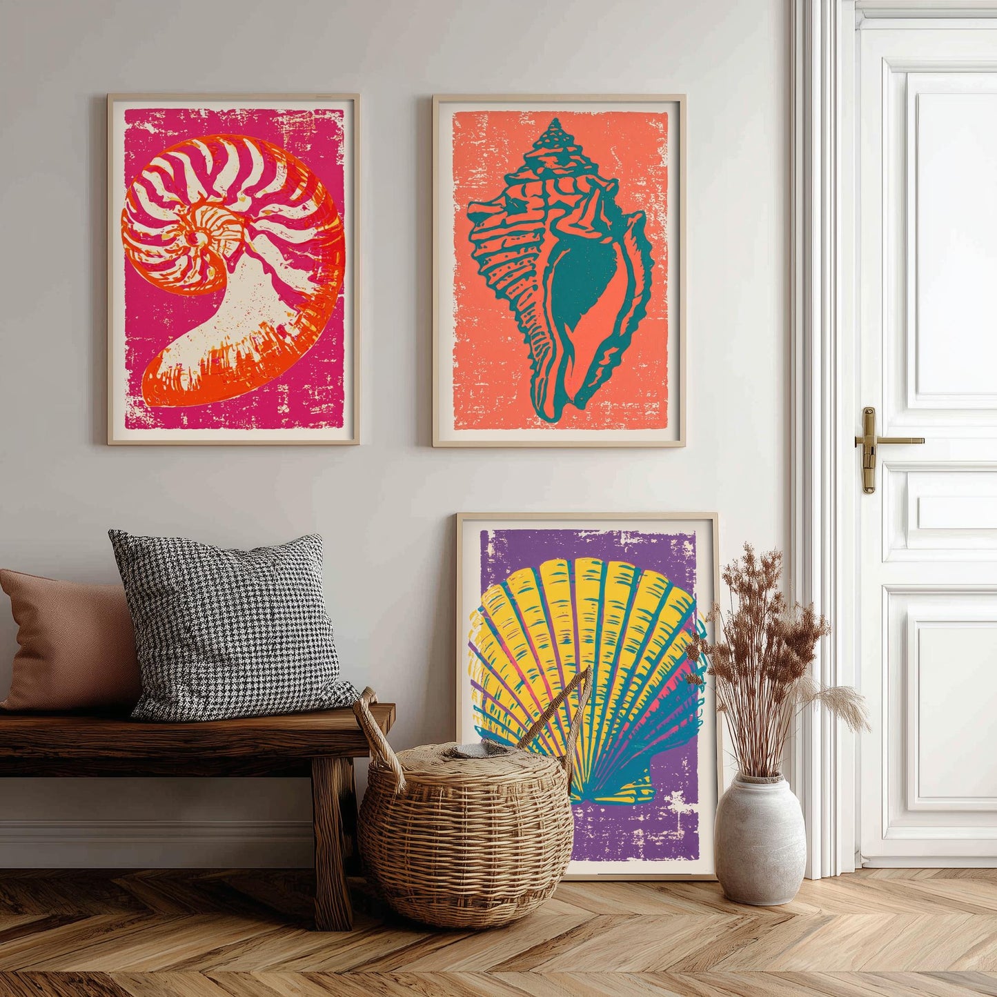 Seashell Linocut Set of Three Art Prints - Nautilus, Conch, Scallop - Bright Pink Orange Purple Coastal Posters - Illustration V1
