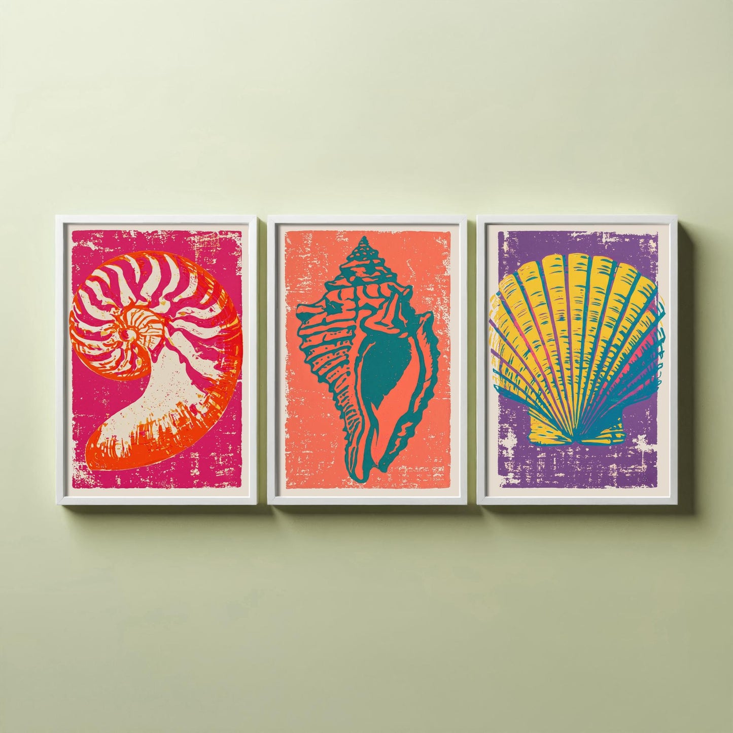 Seashell Linocut Set of Three Art Prints - Nautilus, Conch, Scallop - Bright Pink Orange Purple Coastal Posters - Illustration V1