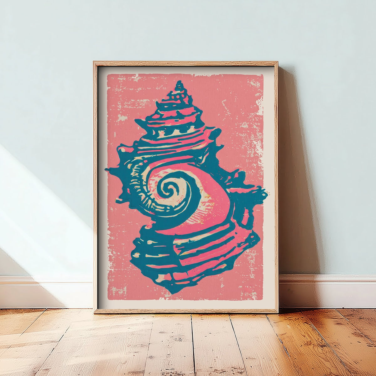 Whelk Sea Shell Linocut Art Print - Rose Pink Seashell Illustration - Coastal Beach House Poster V2 1/3