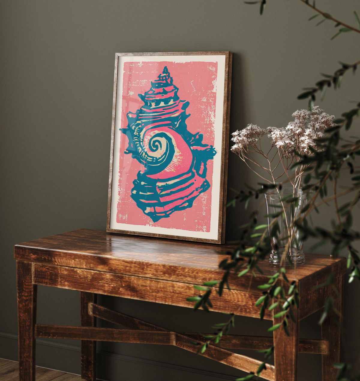 Whelk Sea Shell Linocut Art Print - Rose Pink Seashell Illustration - Coastal Beach House Poster V2 1/3
