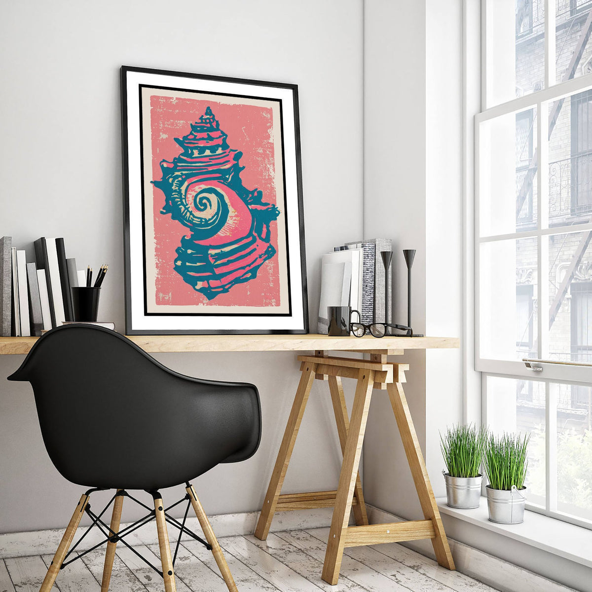 Whelk Sea Shell Linocut Art Print - Rose Pink Seashell Illustration - Coastal Beach House Poster V2 1/3