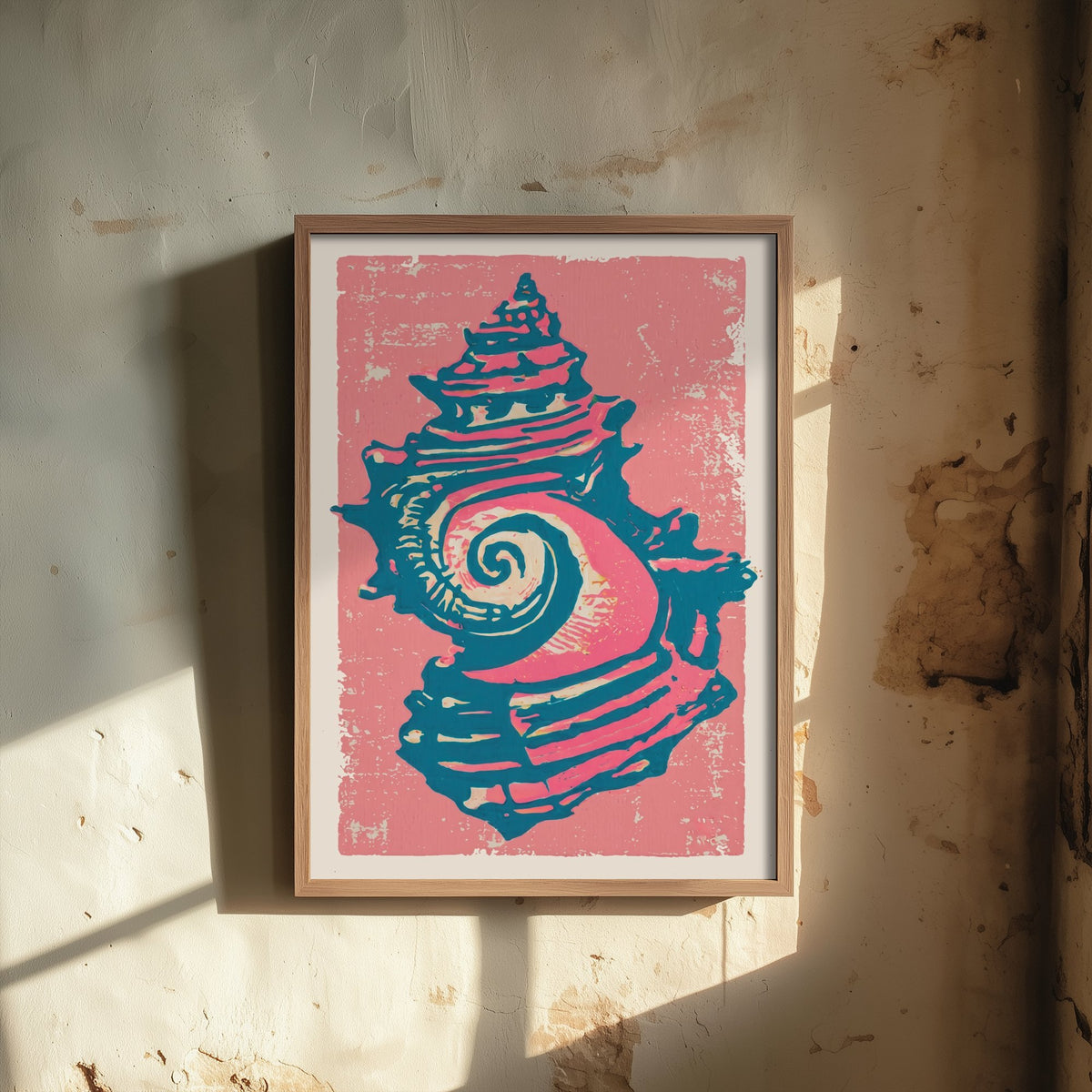 Whelk Sea Shell Linocut Art Print - Rose Pink Seashell Illustration - Coastal Beach House Poster V2 1/3