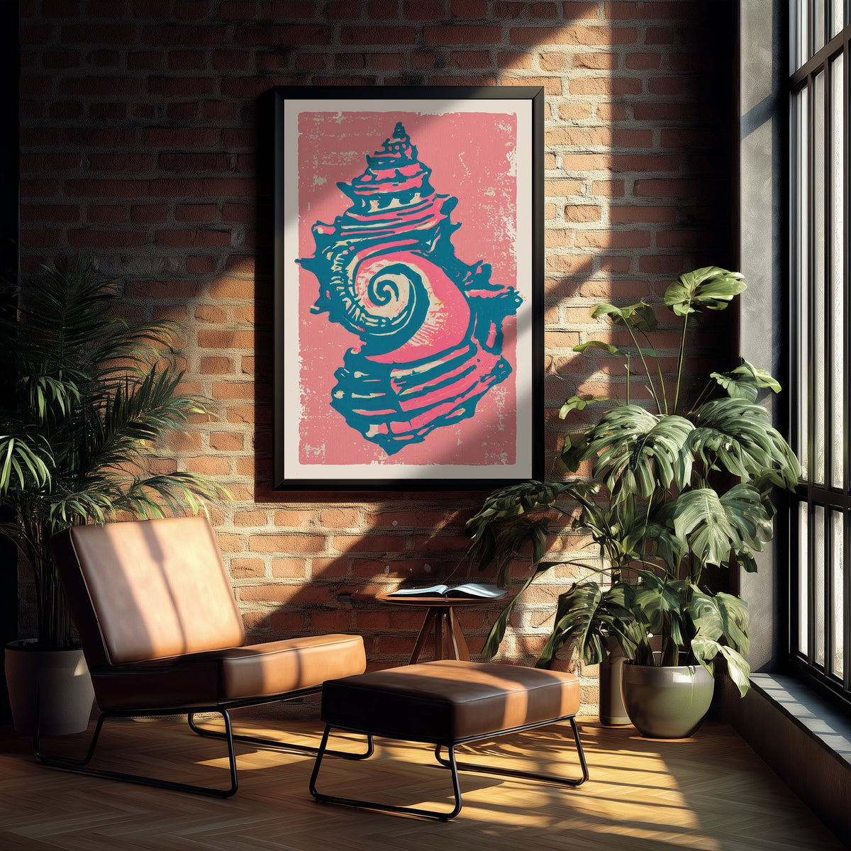 Whelk Sea Shell Linocut Art Print - Rose Pink Seashell Illustration - Coastal Beach House Poster V2 1/3