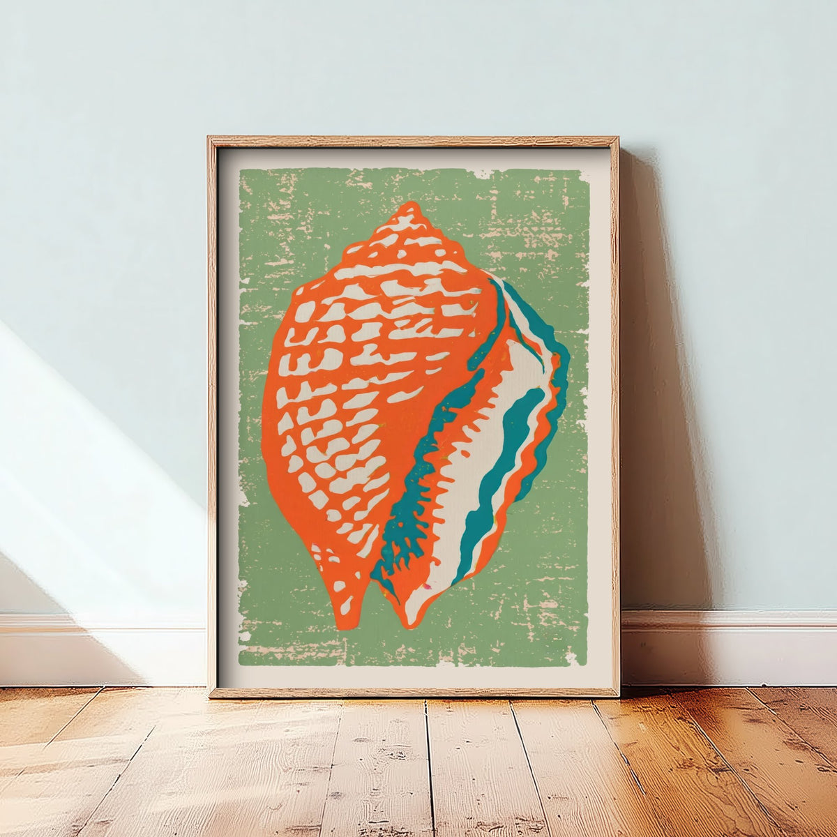Conch Shell Linocut Art Print - Orange Sage Green Seashell Illustration - Retro Coastal Poster V2 2/3