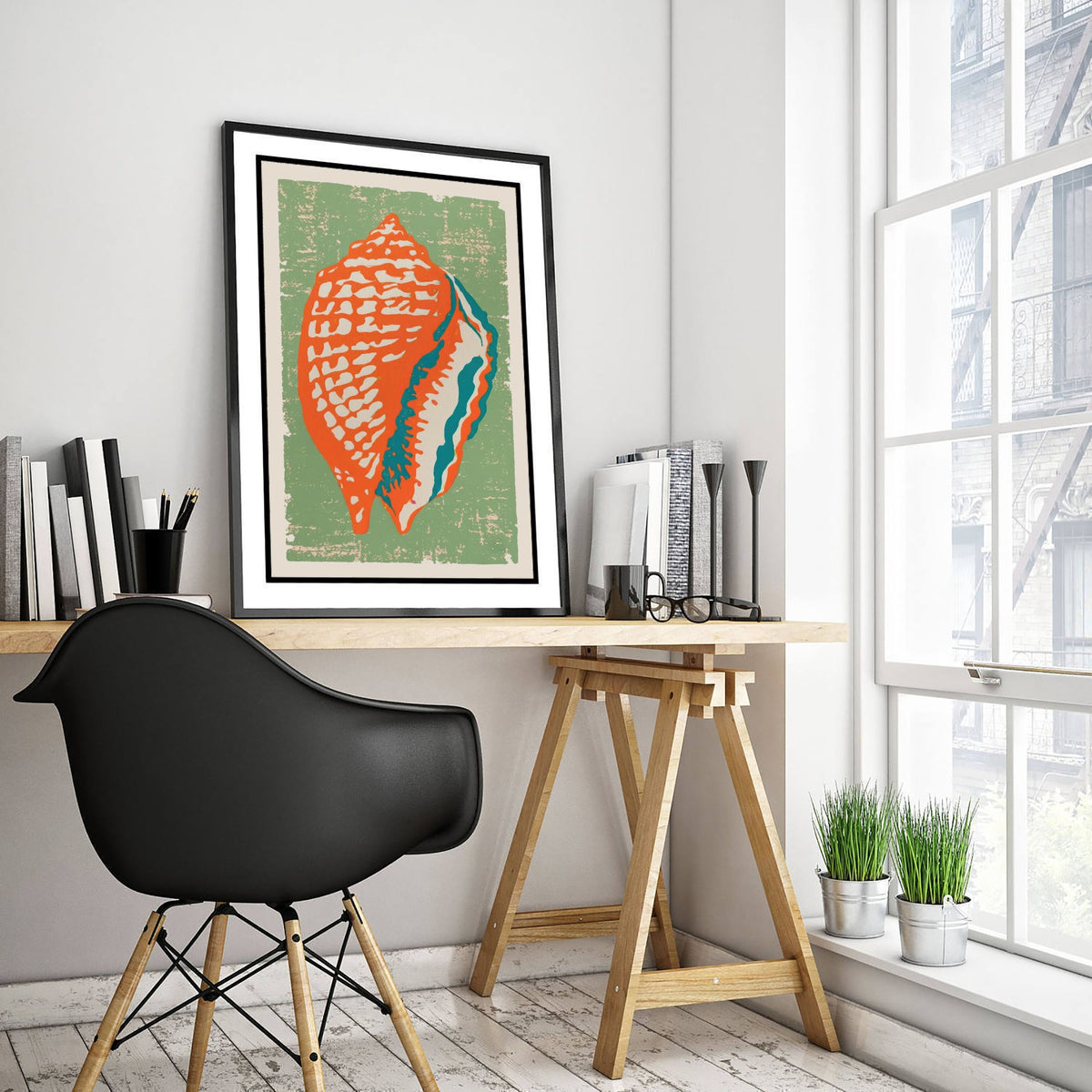 Conch Shell Linocut Art Print - Orange Sage Green Seashell Illustration - Retro Coastal Poster V2 2/3