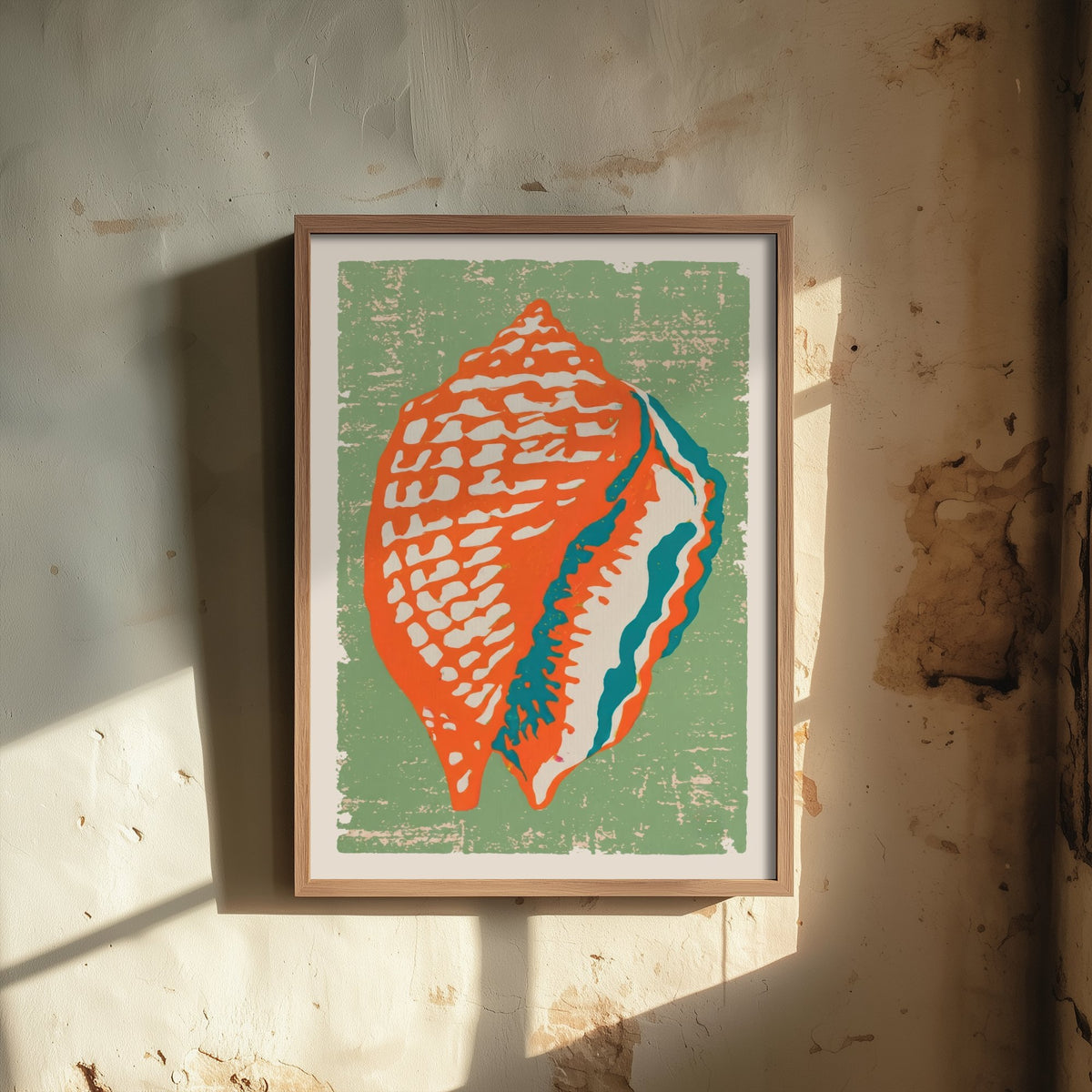 Conch Shell Linocut Art Print - Orange Sage Green Seashell Illustration - Retro Coastal Poster V2 2/3