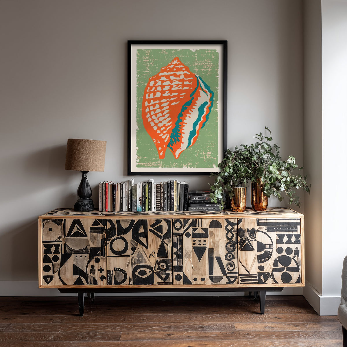 Conch Shell Linocut Art Print - Orange Sage Green Seashell Illustration - Retro Coastal Poster V2 2/3