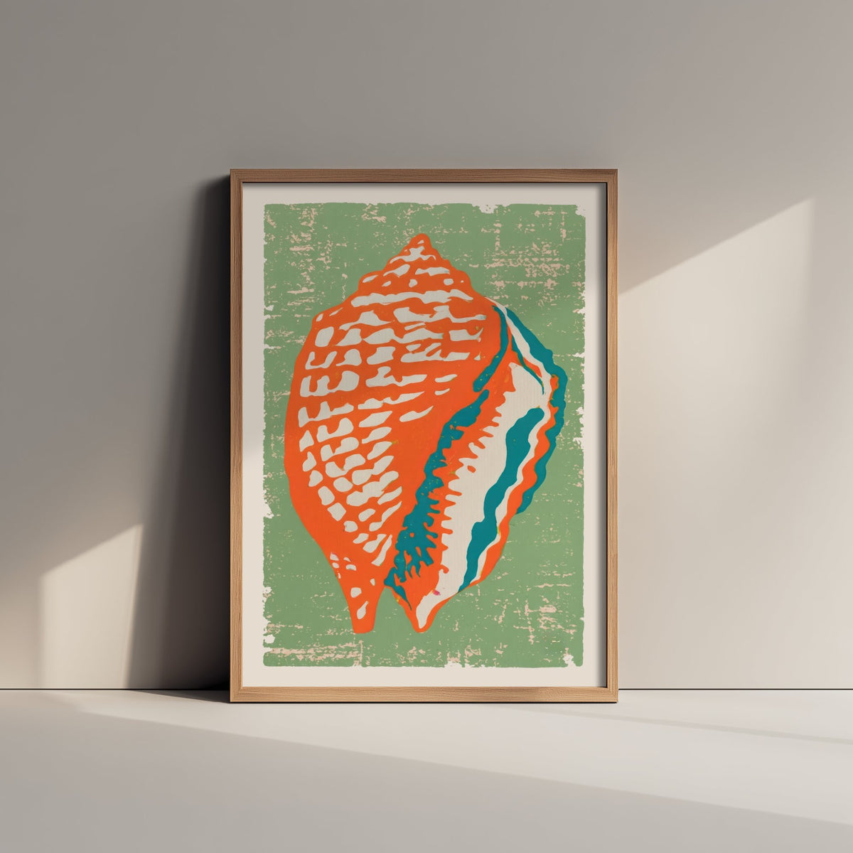 Conch Shell Linocut Art Print - Orange Sage Green Seashell Illustration - Retro Coastal Poster V2 2/3