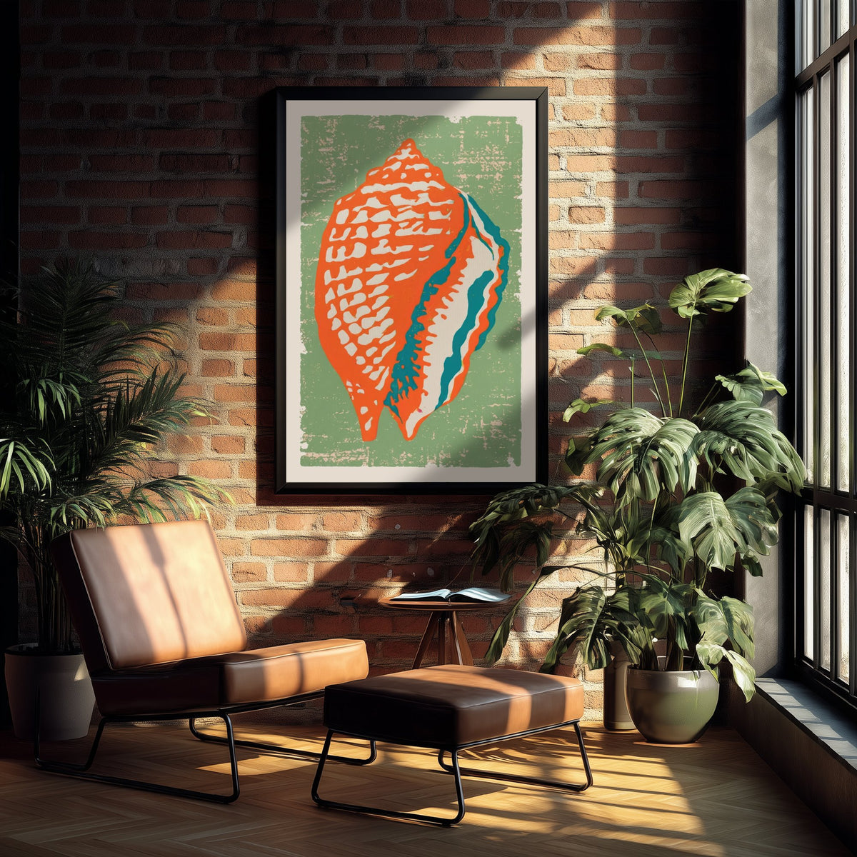 Conch Shell Linocut Art Print - Orange Sage Green Seashell Illustration - Retro Coastal Poster V2 2/3