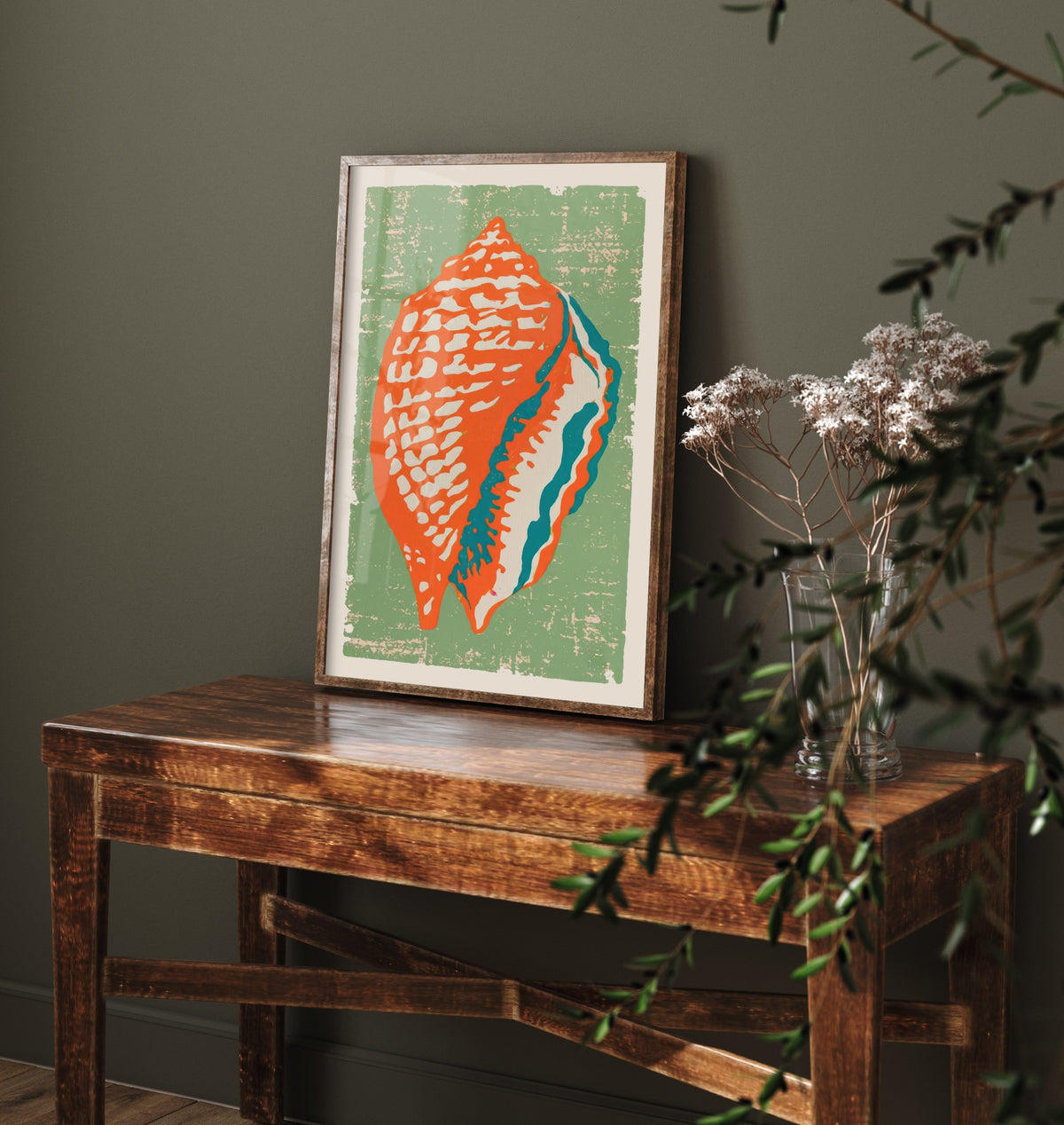 Conch Shell Linocut Art Print - Orange Sage Green Seashell Illustration - Retro Coastal Poster V2 2/3