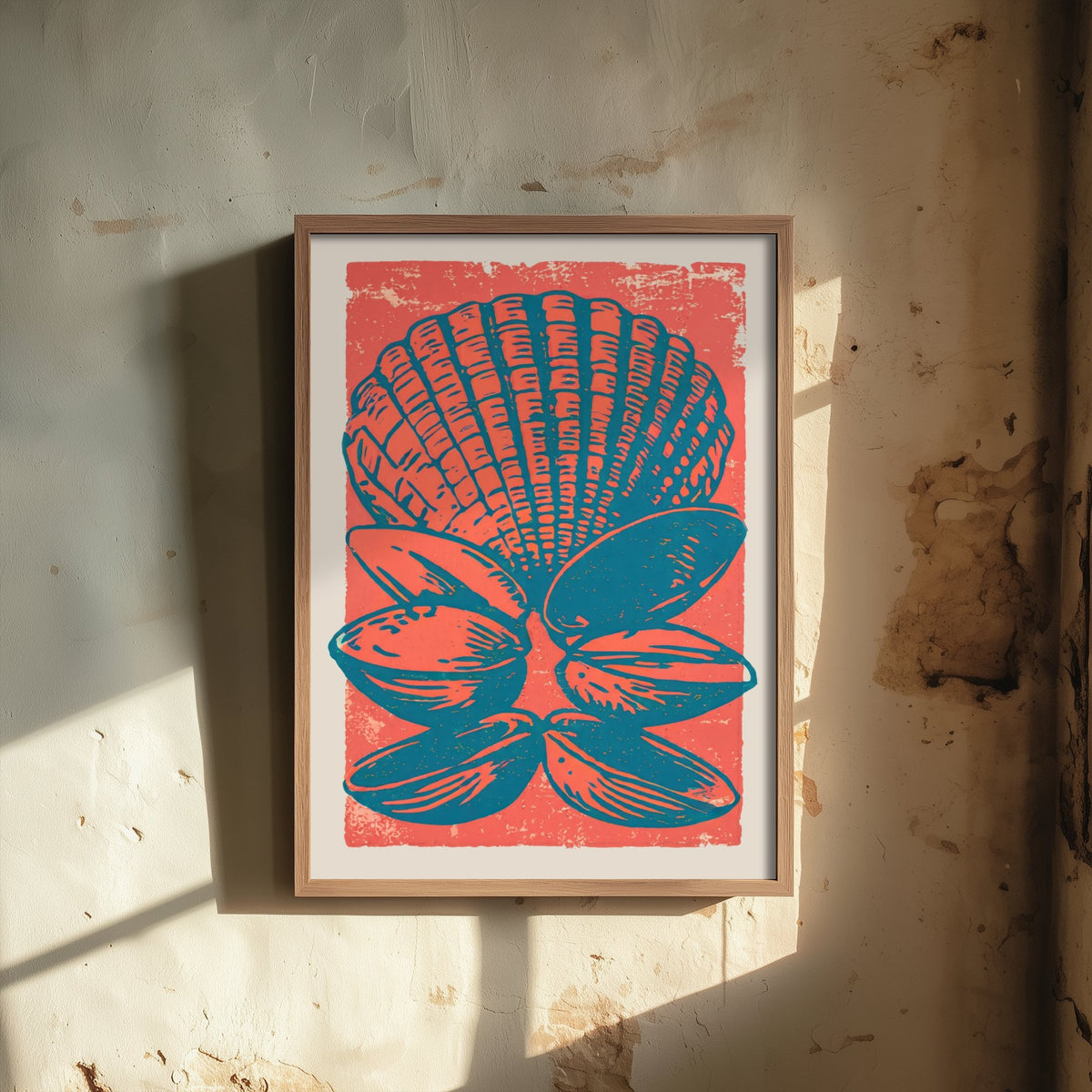 Scallop and Clam Shells Linocut Art Print - Coral Teal Seashell Illustration - Coastal Kitchen Poster V2 3/3