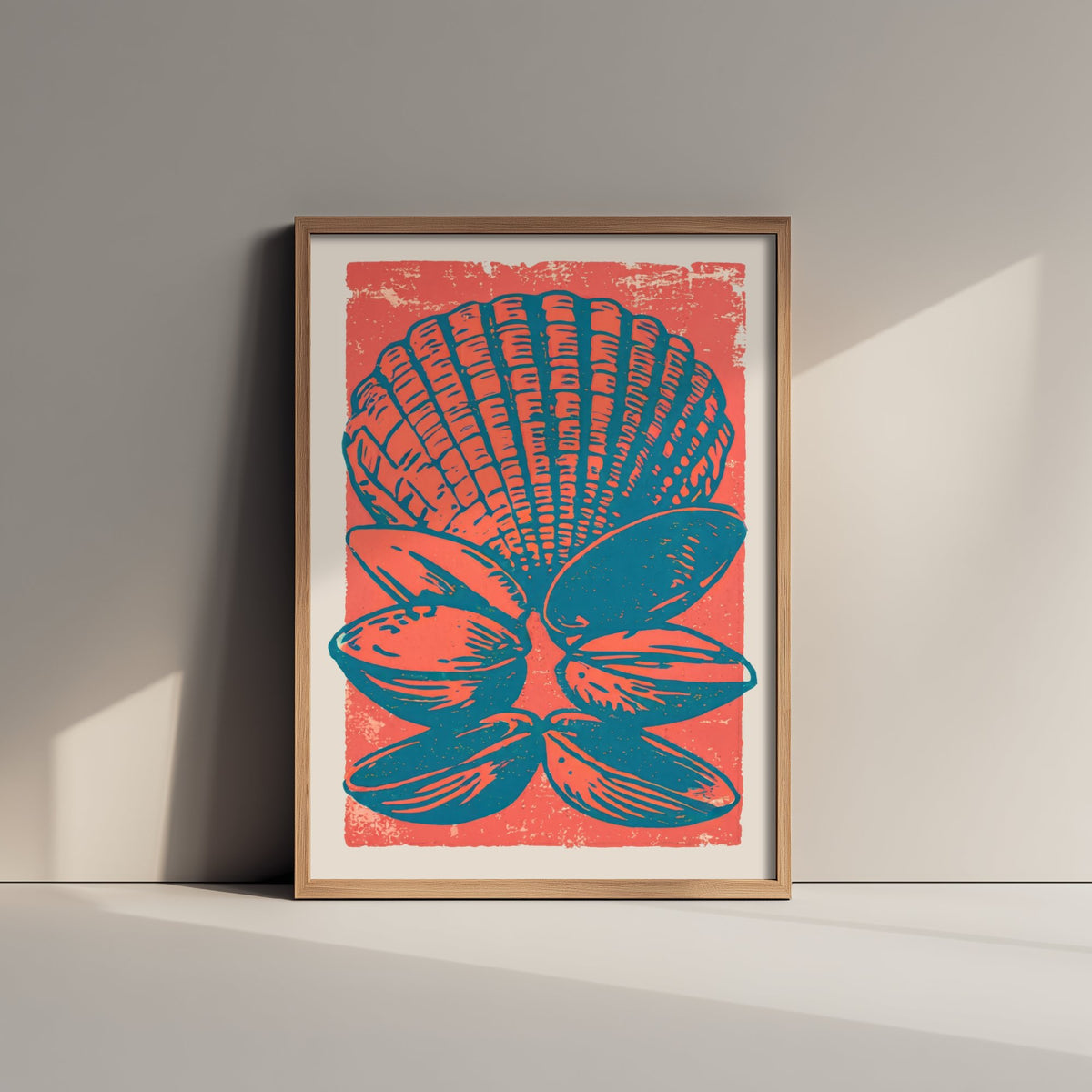 Scallop and Clam Shells Linocut Art Print - Coral Teal Seashell Illustration - Coastal Kitchen Poster V2 3/3