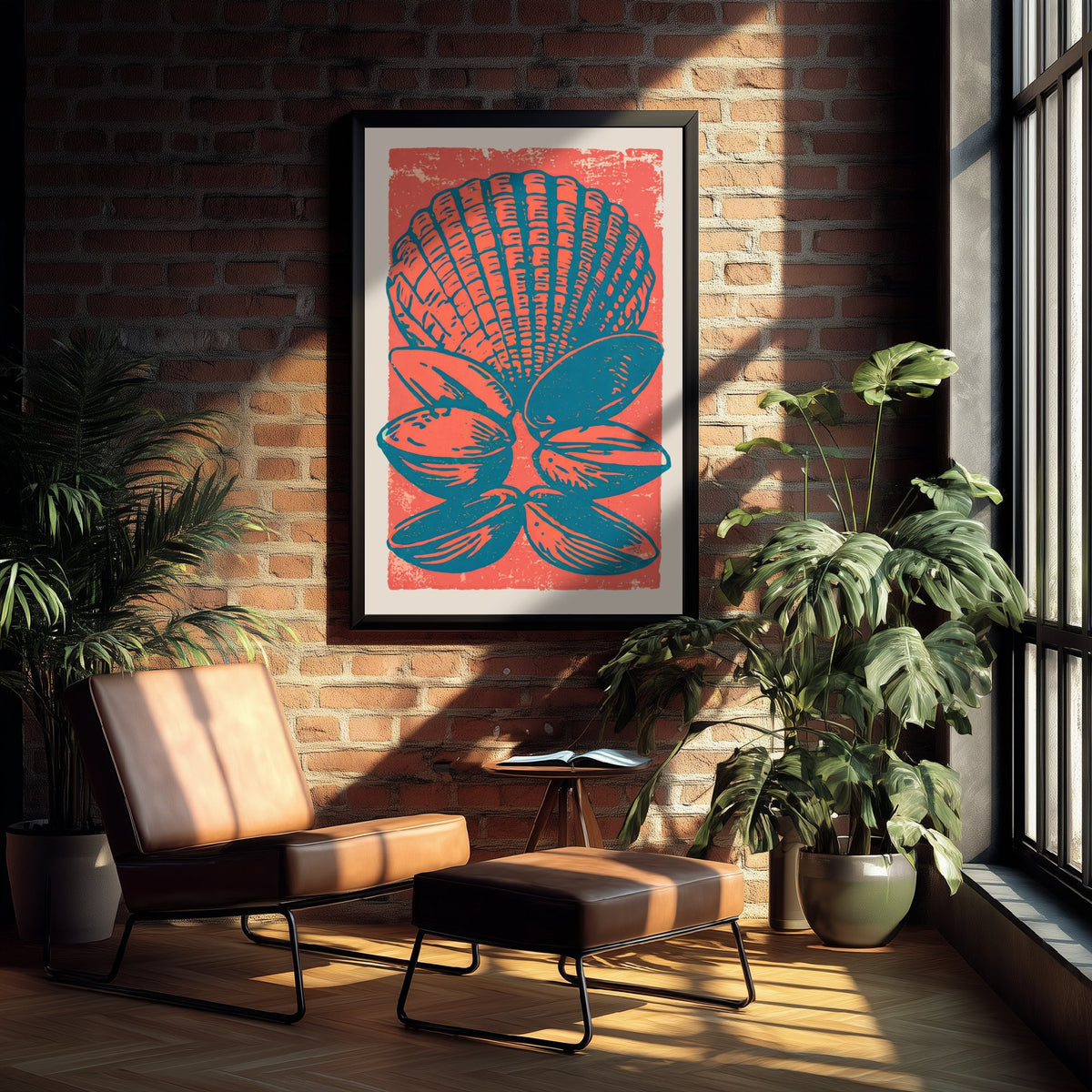 Scallop and Clam Shells Linocut Art Print - Coral Teal Seashell Illustration - Coastal Kitchen Poster V2 3/3