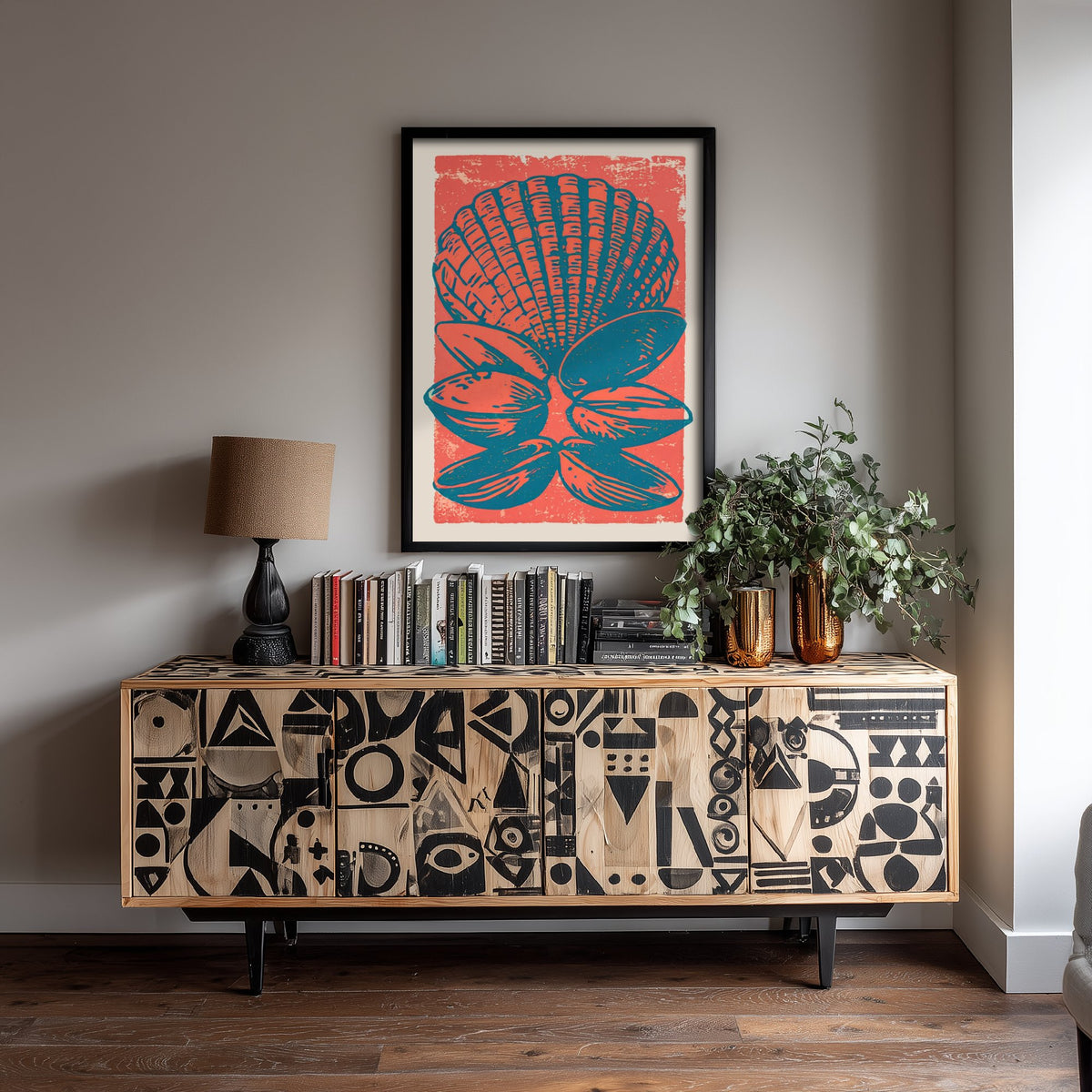 Scallop and Clam Shells Linocut Art Print - Coral Teal Seashell Illustration - Coastal Kitchen Poster V2 3/3