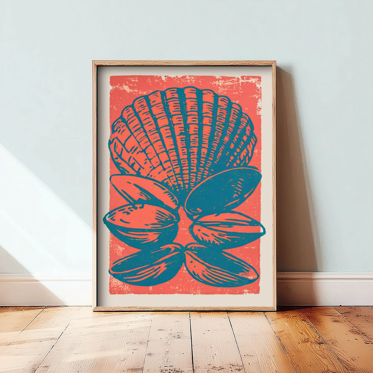Scallop and Clam Shells Linocut Art Print - Coral Teal Seashell Illustration - Coastal Kitchen Poster V2 3/3