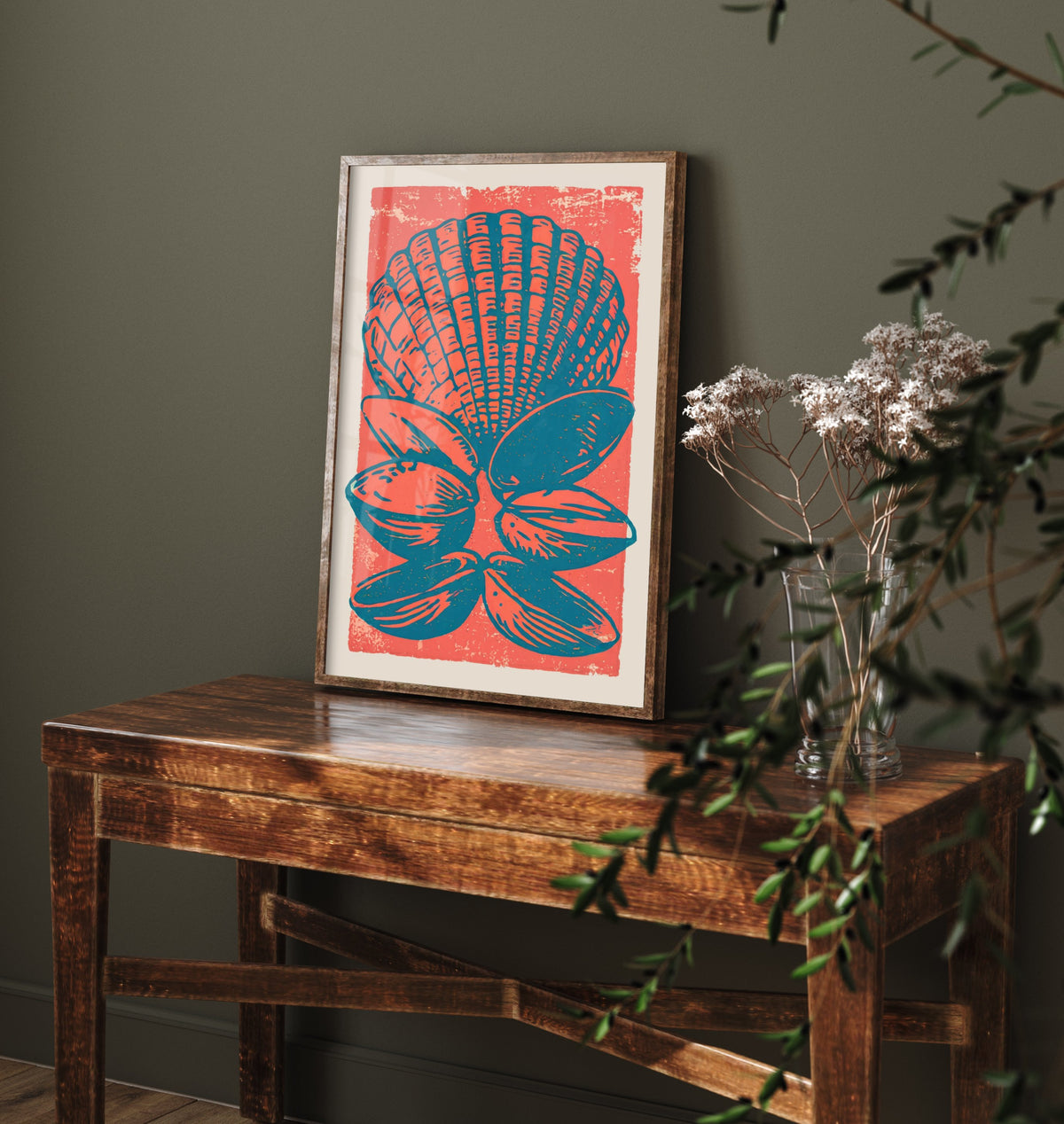 Scallop and Clam Shells Linocut Art Print - Coral Teal Seashell Illustration - Coastal Kitchen Poster V2 3/3