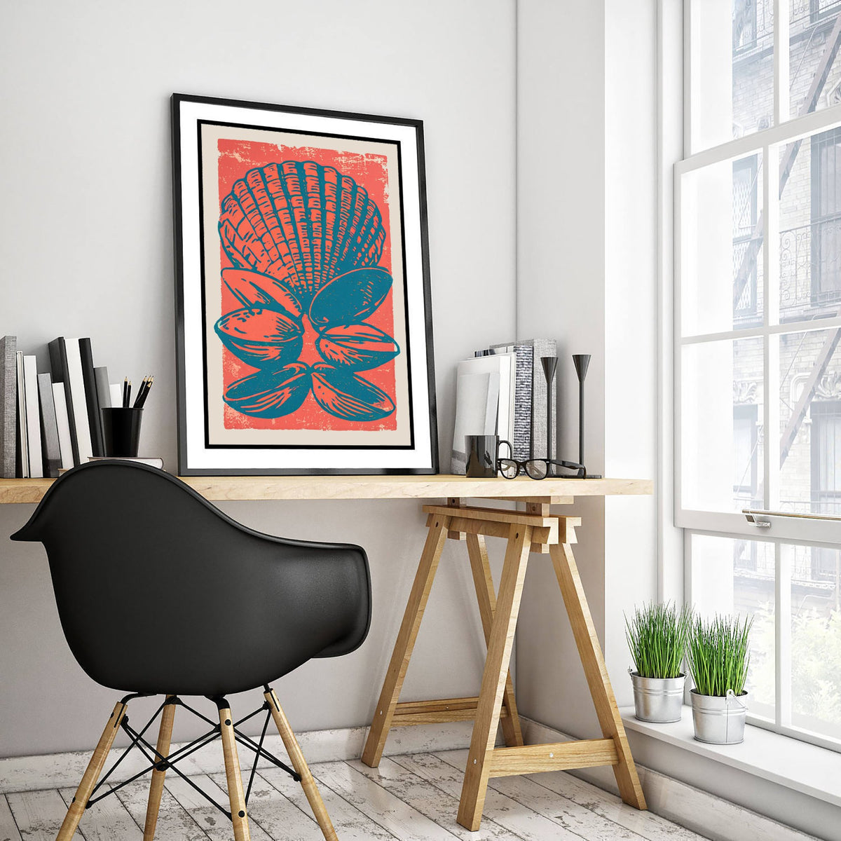 Scallop and Clam Shells Linocut Art Print - Coral Teal Seashell Illustration - Coastal Kitchen Poster V2 3/3